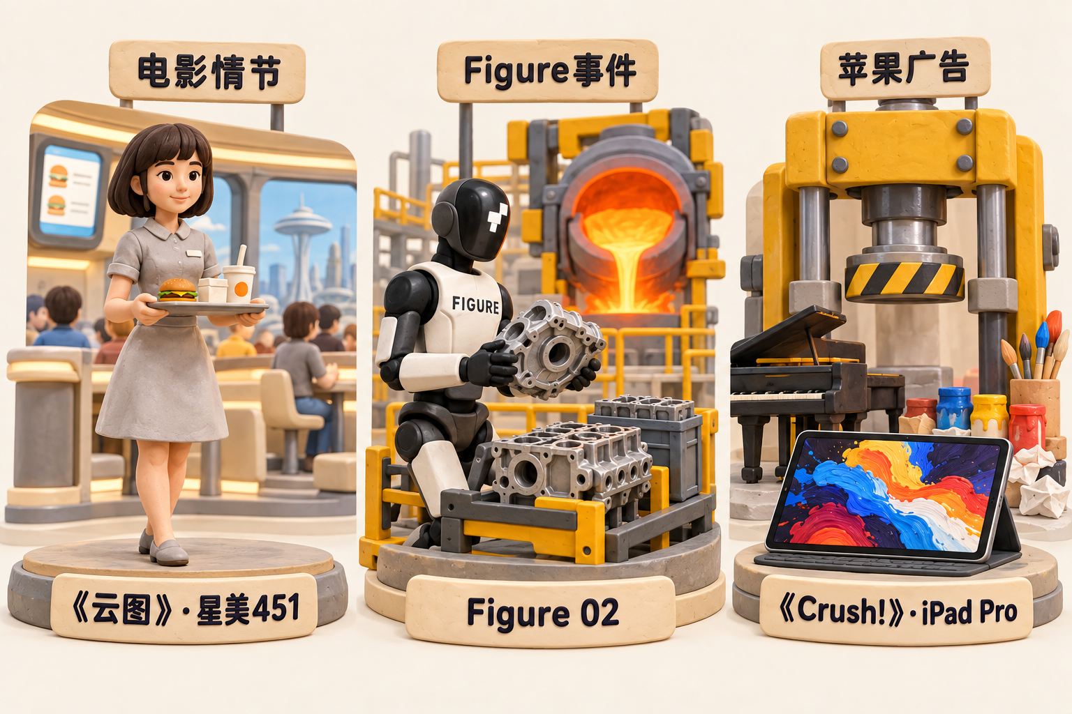 立体橡皮泥场景：《云图》星美451、Figure事件与苹果《Crush!》广告类比。