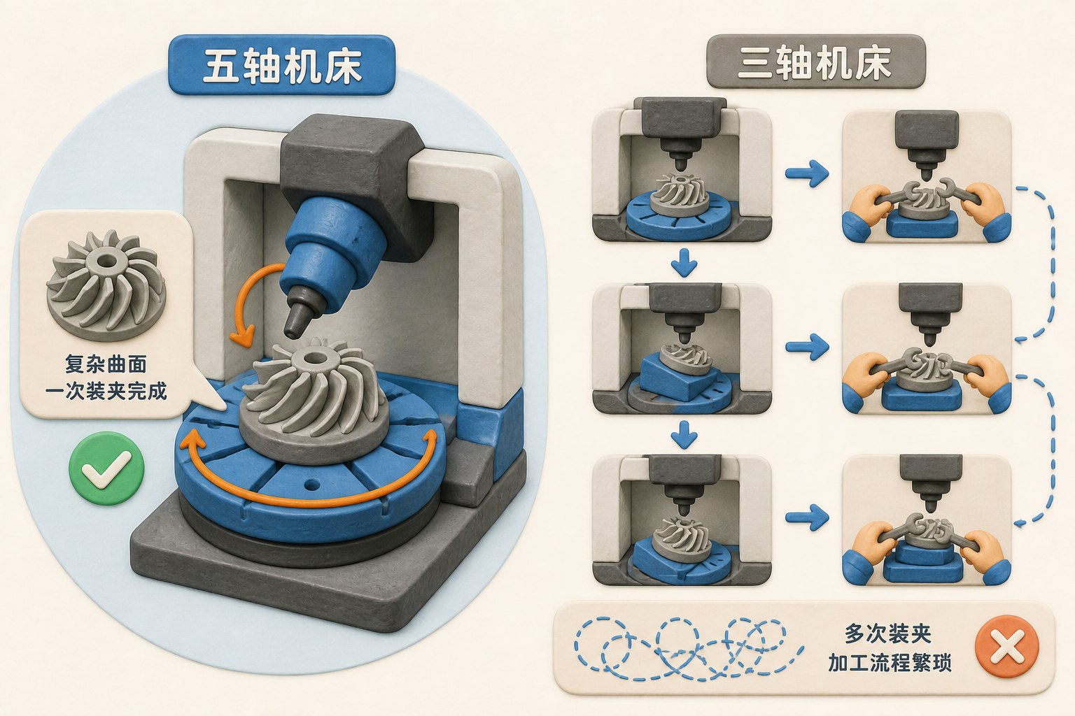 五轴机床同时摆动刀头与旋转工作台加工复杂涡轮曲面,旁边以简化路径对比三轴机床反复拆装工件的过程,不显示具体数值或日期,不补充其他数字、日期、比例、排名或因果关系,浅色背景的商业评论版橡皮泥平面信息图的统一风格。