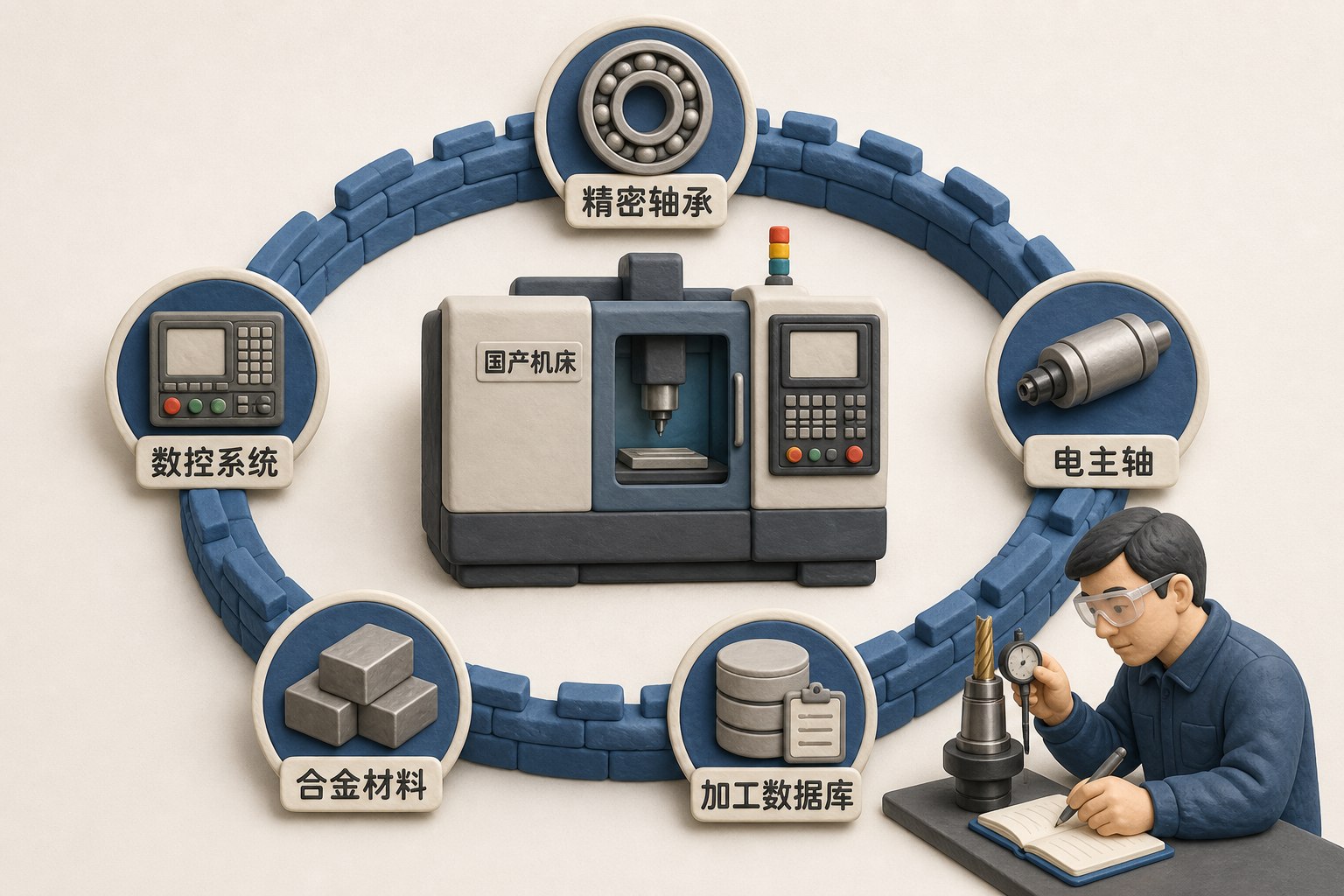 精密轴承、数控系统、电主轴、合金材料和加工数据库围绕一台国产机床形成环形护城河,工程师在记录误差并校准刀具,不显示具体数值或日期,不补充其他数字、日期、比例、排名或因果关系,浅色背景的商业评论版橡皮泥平面信息图的统一风格。