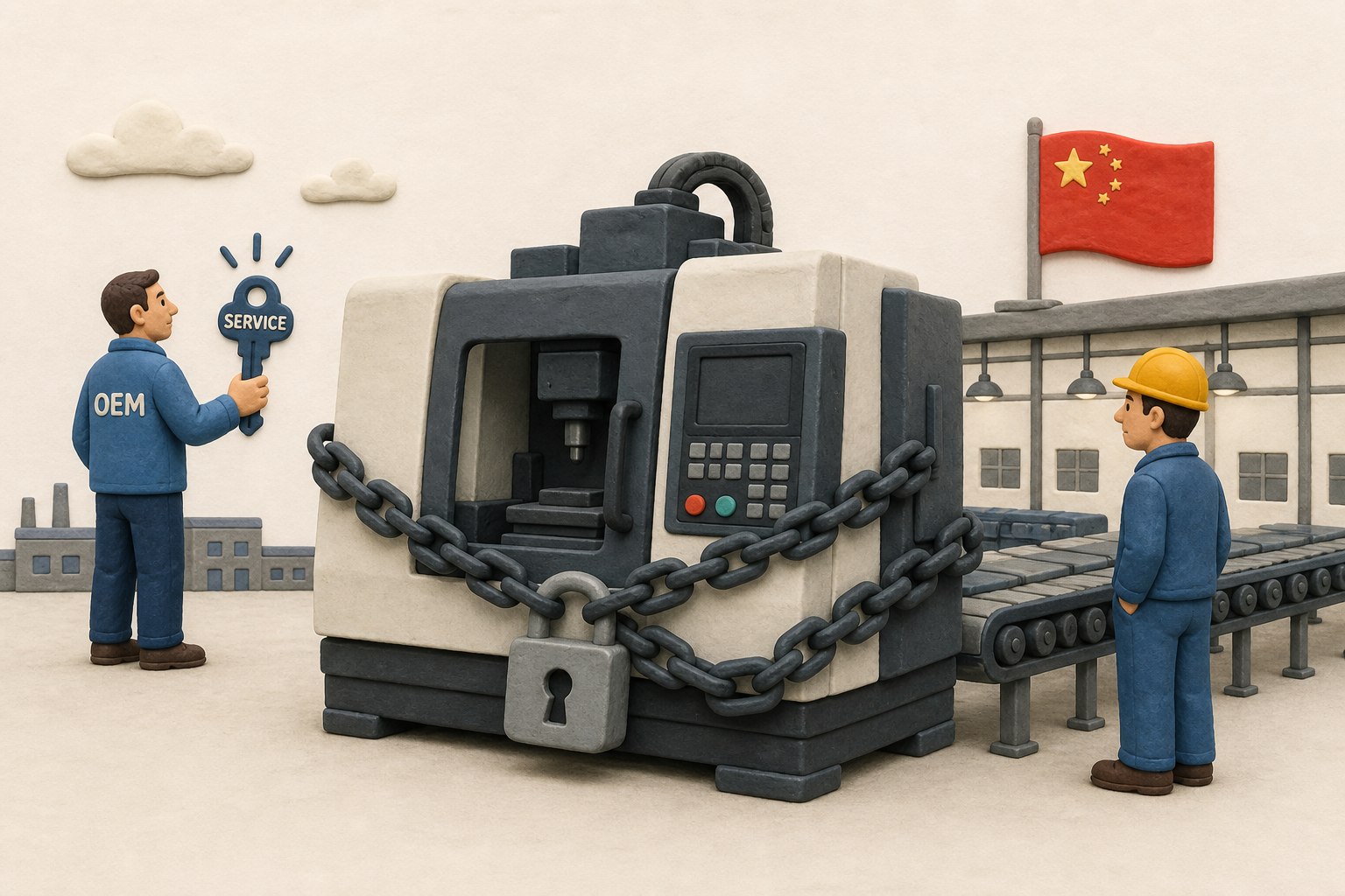 已安装在中国工厂地面的高端机床被电子锁链环绕,远方原厂工程师握着服务钥匙,本地工人站在停机产线旁等待,不显示具体数值或日期,不补充其他数字、日期、比例、排名或因果关系,浅色背景的商业评论版橡皮泥平面信息图的统一风格。