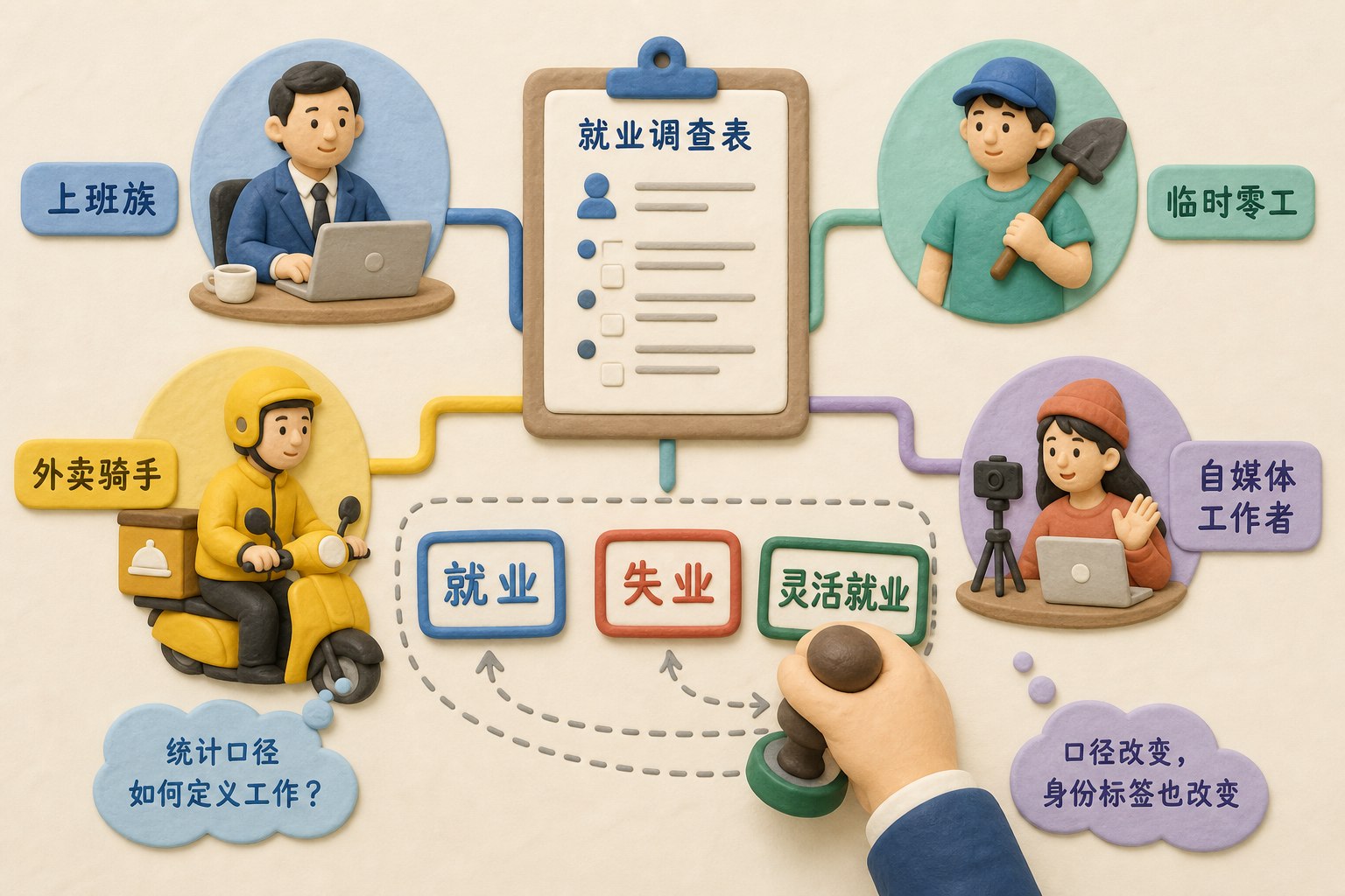 一张就业调查表连接上班族、临时零工、外卖骑手和自媒体工作者,分类印章在“就业”“失业”“灵活就业”之间移动,突出统计口径如何改变身份标签,不出现数字或日期,浅色背景的商业评论版橡皮泥平面信息图的统一风格。