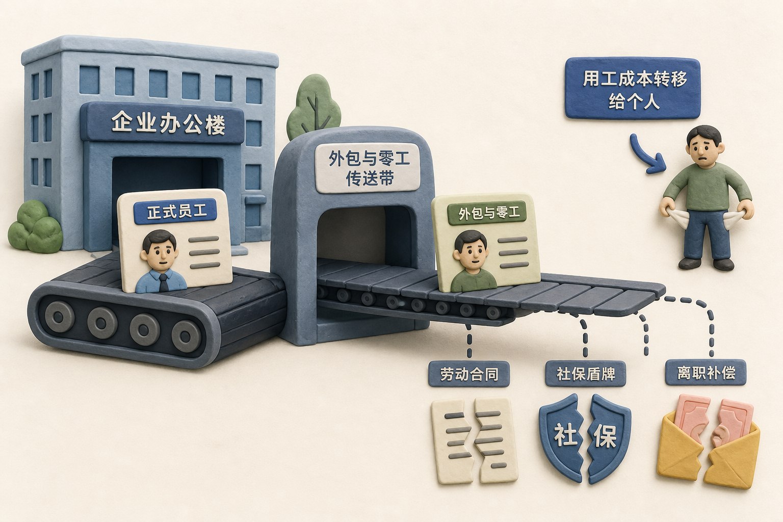 企业办公楼把正式员工卡片送入外包与零工传送带,劳动合同、社保盾牌和离职补偿在传送带旁被拆分,表现用工成本转移给个人,不展示数字、比例或具体公司标志,浅色背景的商业评论版橡皮泥平面信息图的统一风格。