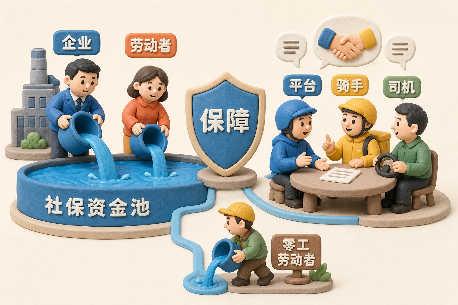 社保资金池由企业与劳动者共同注水,另一侧的零工劳动者独自提桶供水,平台、骑手和司机围绕保障盾牌协商分担方式,不展示数字或比例,浅色背景的商业评论版橡皮泥平面信息图的统一风格。