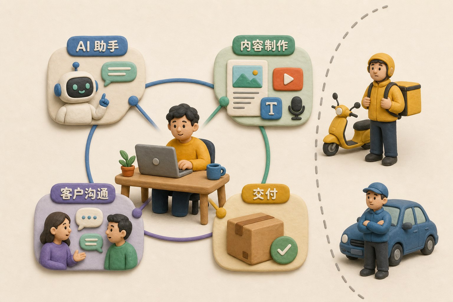 一位独立创业者坐在小型工作台前,AI助手、内容制作、客户沟通和交付模块环绕成一人公司的工作网络,远处的骑手与司机站在网络之外,表现机会覆盖不均,不展示数字或日期,浅色背景的商业评论版橡皮泥平面信息图的统一风格。