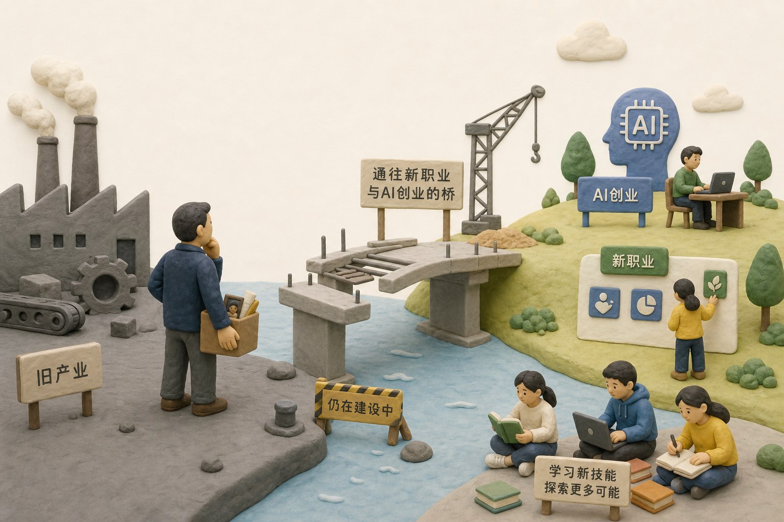 失去原有岗位的劳动者站在旧产业岸边,通往新职业与AI创业的桥仍未完工,年轻一代在远处学习新技能,表现职业转换并非即时完成,不标注具体年代或先后节点,浅色背景的商业评论版橡皮泥平面信息图的统一风格。