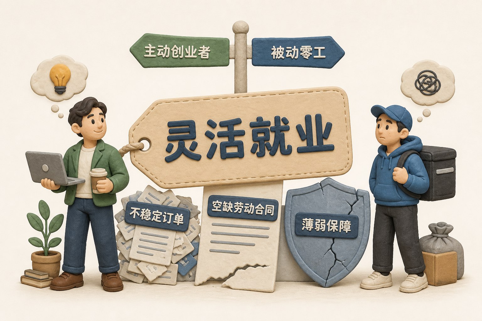 一张写着“灵活就业”的体面标签覆盖在不稳定订单、空缺劳动合同与薄弱保障盾牌之上,主动创业者与被动零工分别站在标签两侧,形成选择权的鲜明对照,不出现数字或日期,浅色背景的商业评论版橡皮泥平面信息图的统一风格。