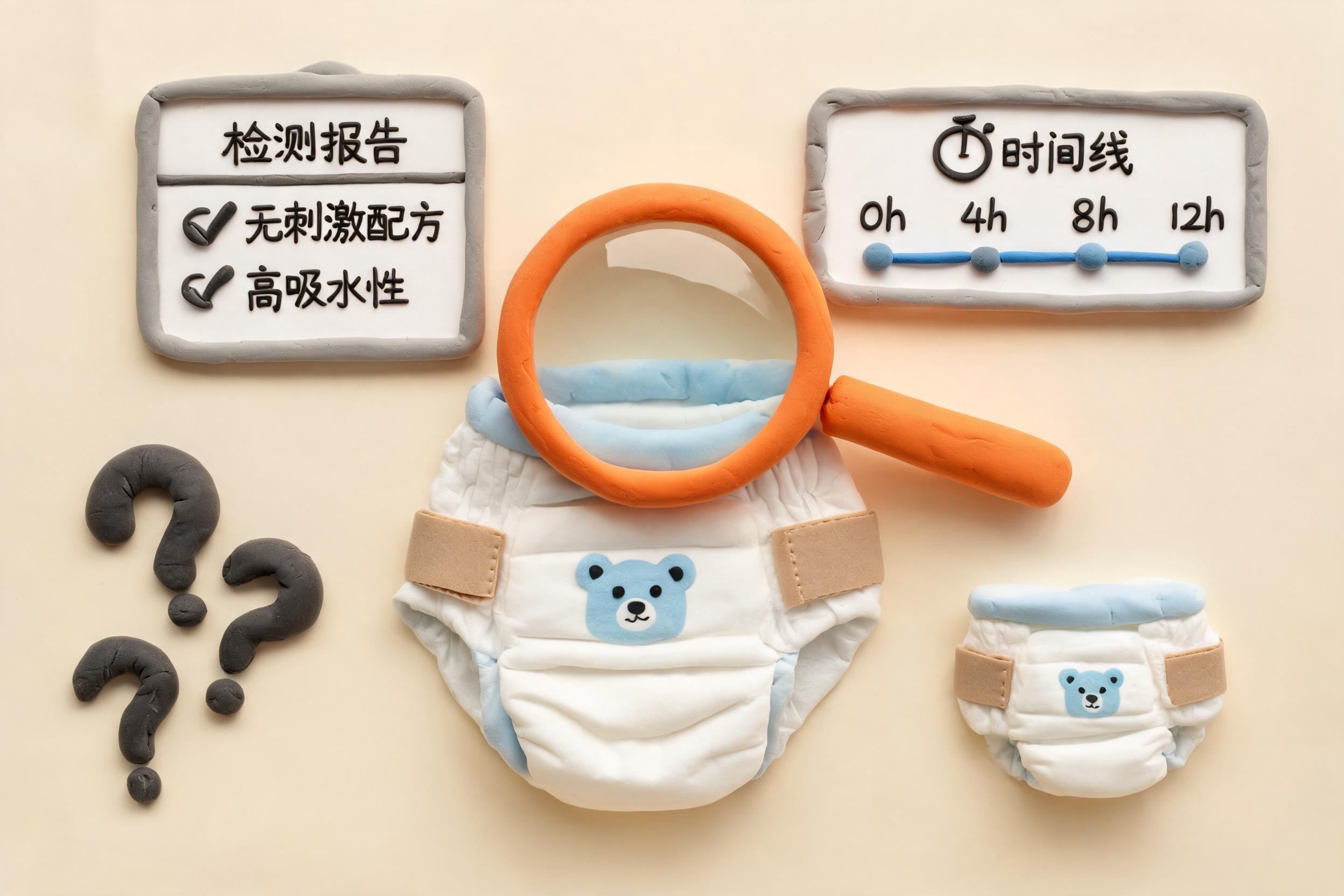 婴幼儿纸尿裤、检测报告、问号和时间线卡片围绕在一起，中央是一只被放大镜观察的纸尿裤，浅色背景的商业评论版橡皮泥平面信息图的统一风格。