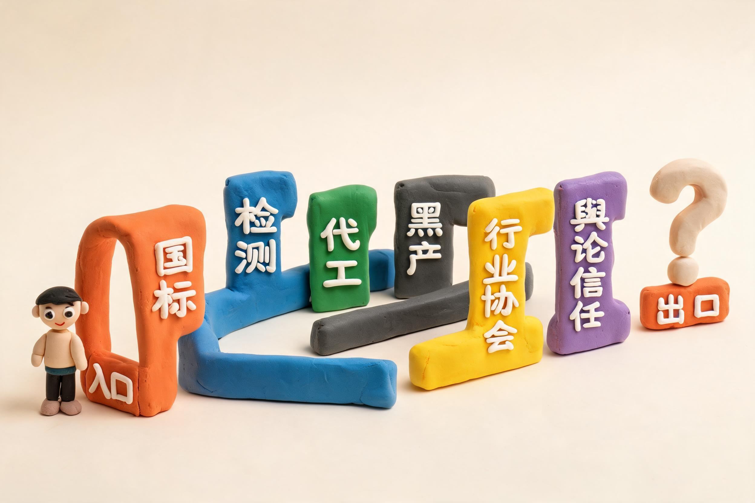 消费者站在迷宫入口，迷宫墙上分别写着国标、检测、代工、黑产、行业协会和舆论信任，出口处是一个巨大的问号，浅色背景的商业评论版橡皮泥平面信息图的统一风格。