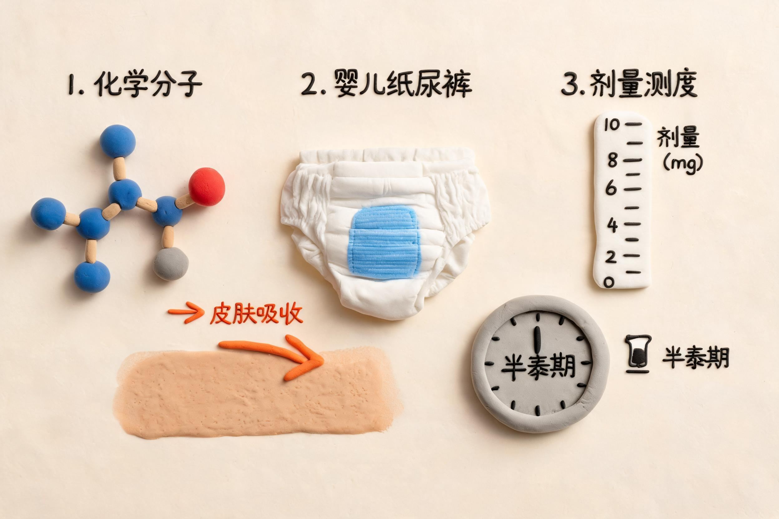 一个化学分子模型、婴儿纸尿裤和剂量刻度尺并排展示，旁边有半衰期时钟和皮肤吸收箭头，浅色背景的商业评论版橡皮泥平面信息图的统一风格。