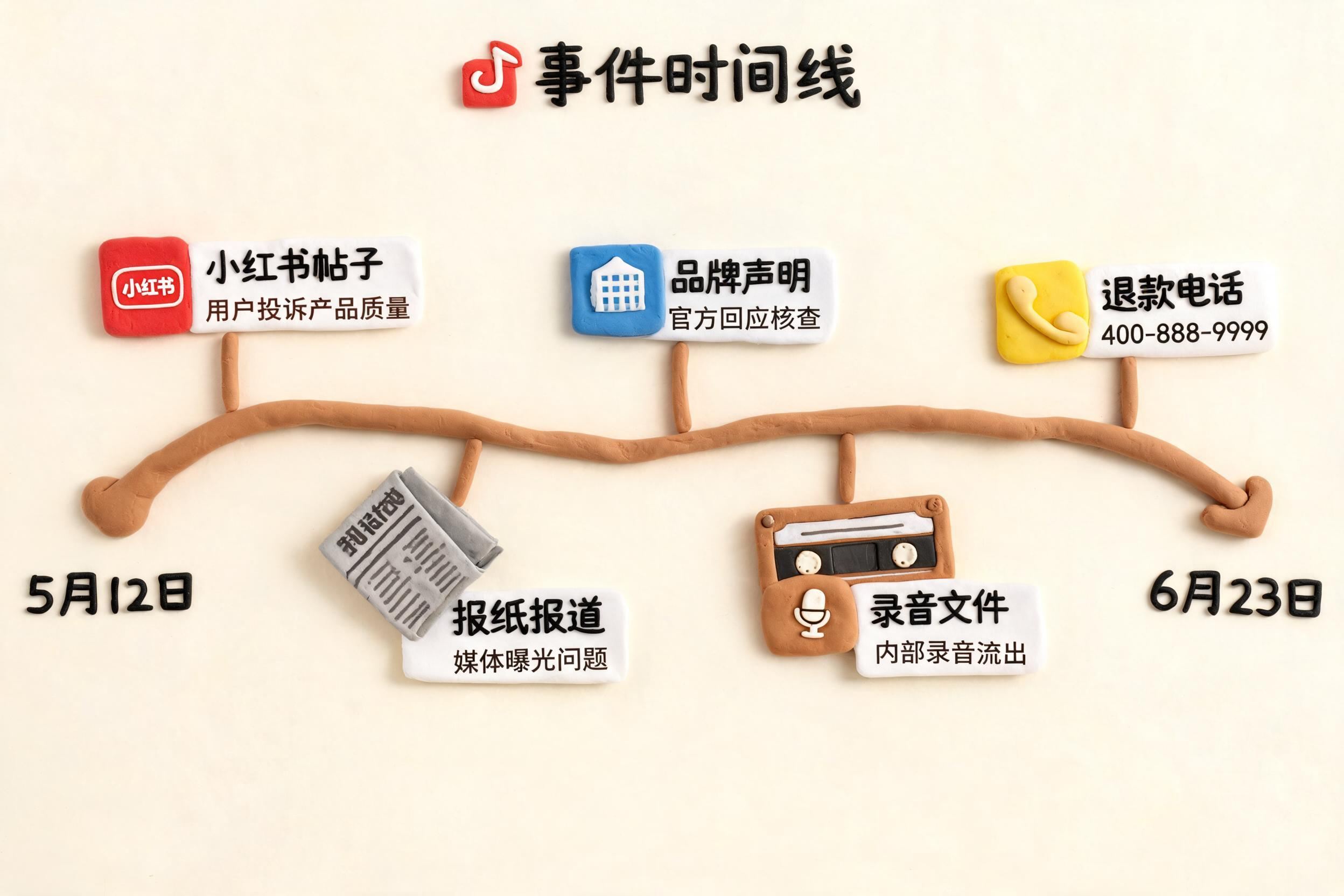 一条从5月12日延伸到6月23日的弯曲时间线，节点上摆着小红书帖子、报纸报道、品牌声明、录音文件和退款电话图标，浅色背景的商业评论版橡皮泥平面信息图的统一风格。
