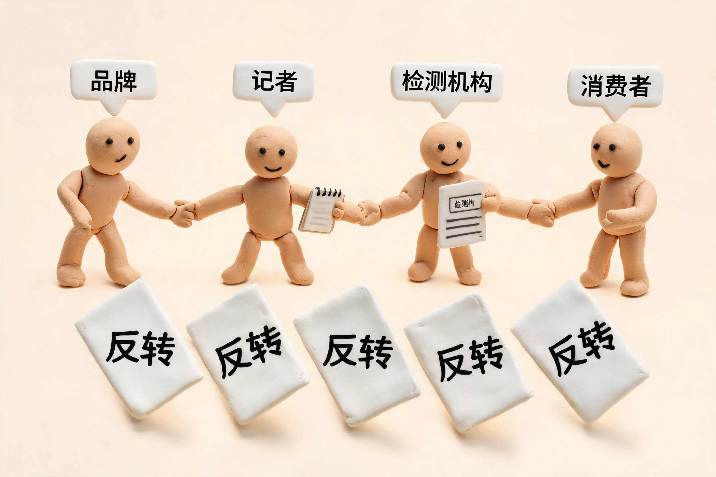 五张写着反转的卡片像多米诺骨牌一样来回倒向不同方向，旁边有品牌、记者、检测机构和消费者四个小人物相互拉扯，浅色背景的商业评论版橡皮泥平面信息图的统一风格。