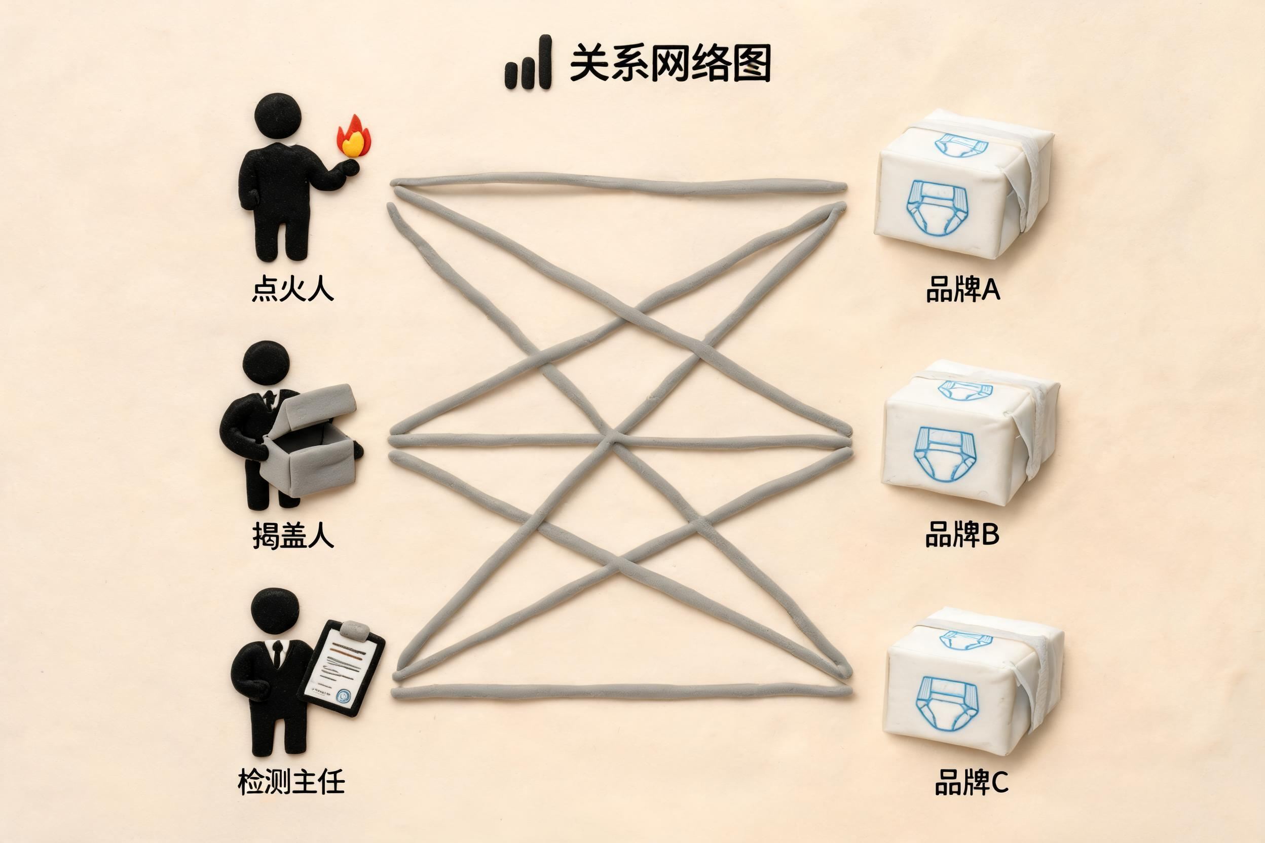 三个人物剪影和三个纸尿裤品牌盒子分布在关系网络图上，线条连接点火人、揭盖人、检测主任和品牌方，浅色背景的商业评论版橡皮泥平面信息图的统一风格。