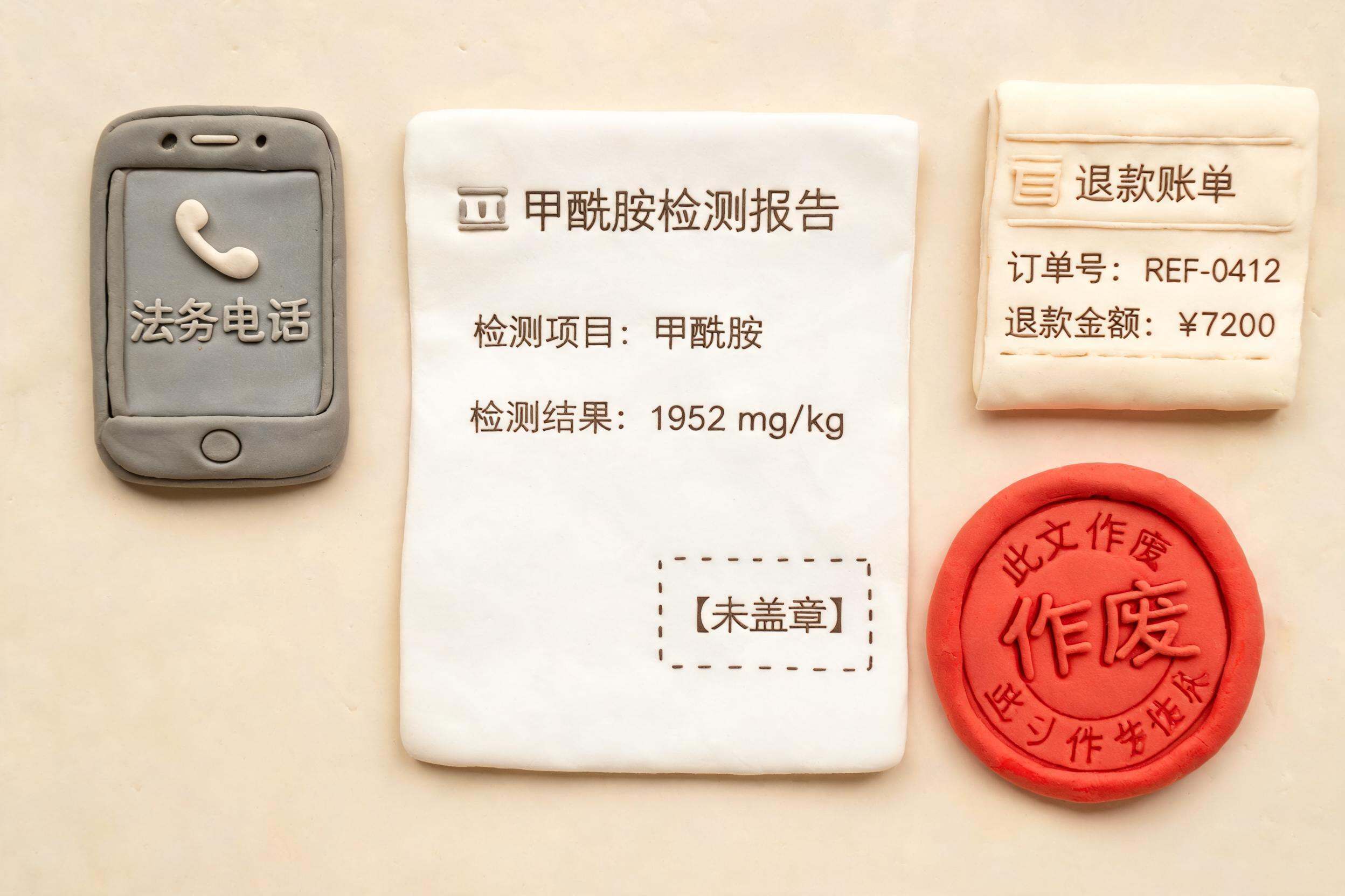 一份检测报告被法务电话、退款账单和作废印章围住，报告边缘露出甲酰胺检测数值但没有正式盖章，浅色背景的商业评论版橡皮泥平面信息图的统一风格。