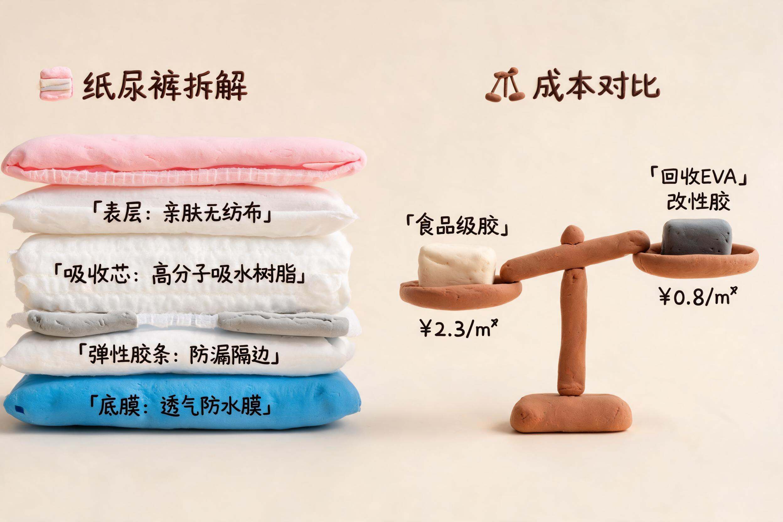 被拆解成表层、吸收芯、弹性胶条和底膜的纸尿裤剖面图，旁边用价格天平对比食品级胶和回收EVA改性胶，浅色背景的商业评论版橡皮泥平面信息图的统一风格。