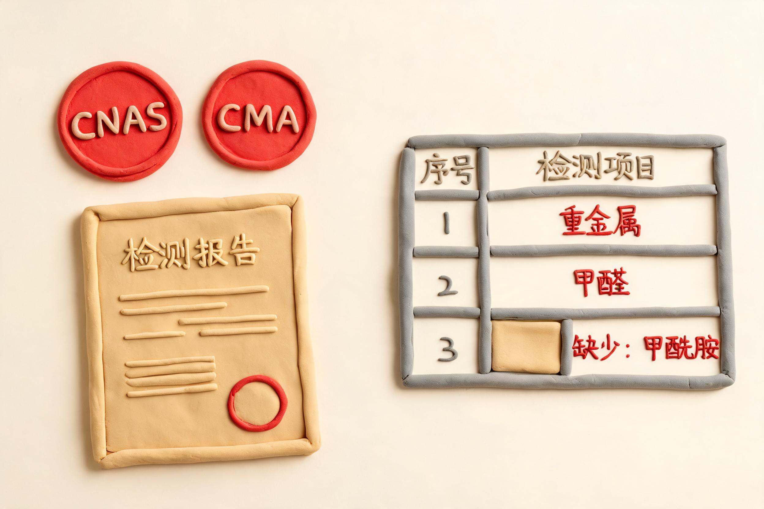 两枚写着CNAS和CMA的印章悬在检测报告上方却无法落下，旁边有一本国标目录缺少甲酰胺项目的空白栏，浅色背景的商业评论版橡皮泥平面信息图的统一风格。