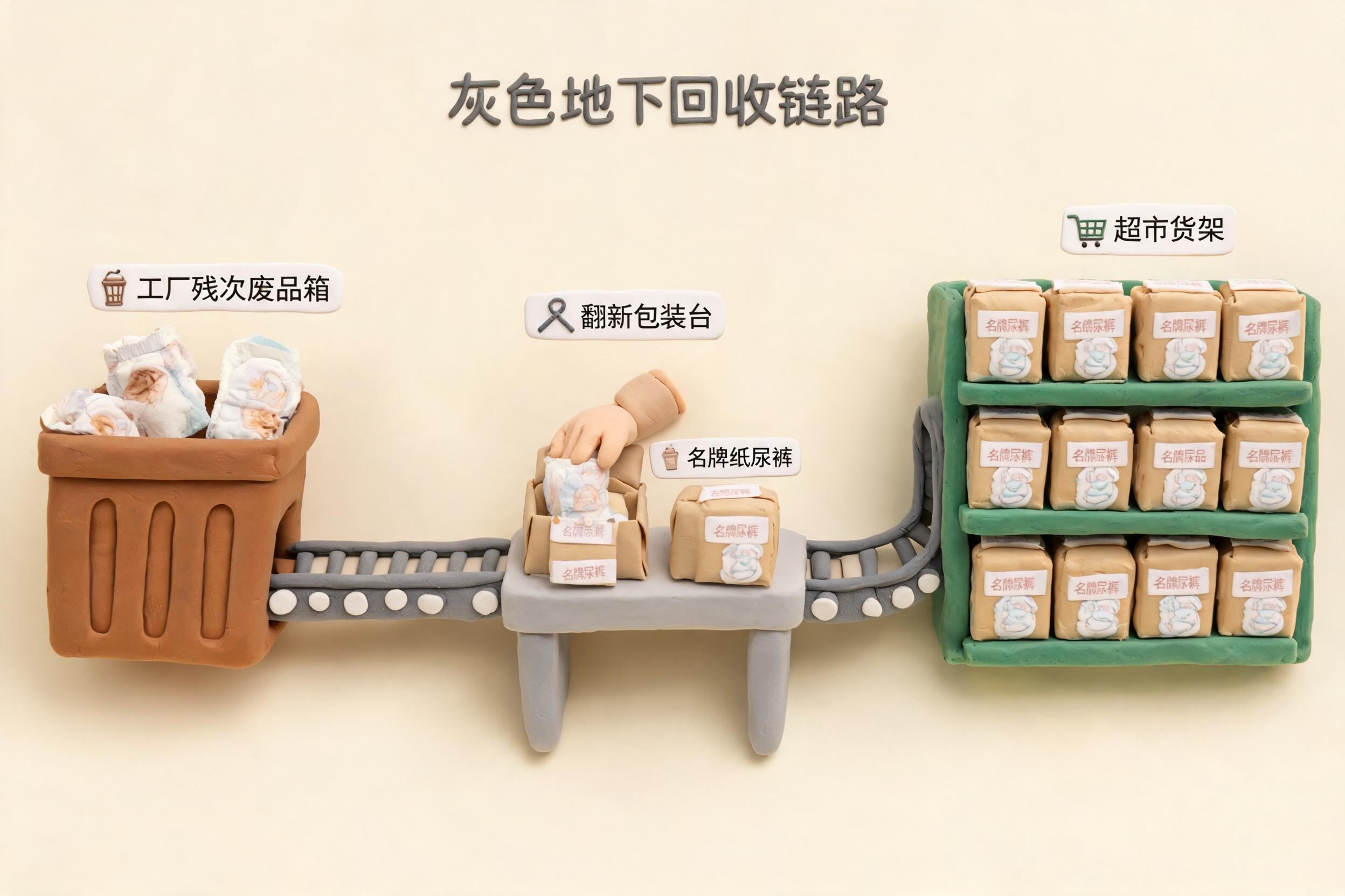 一条灰色地下回收链路把残次纸尿裤从工厂废品箱运到翻新包装台，再变成贴着名牌的商品流向货架，浅色背景的商业评论版橡皮泥平面信息图的统一风格。