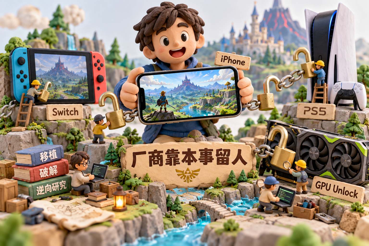 浅色背景上，中央是一位玩家捧着展示海拉鲁大陆景观的手机，旁边摆放游戏机与显卡，几个打开的锁扣连接着不同设备，表现平台使用边界正在被民间移植、破解与逆向研究推动；可见事实元素：手机旁标注“iPhone”，游戏机旁标注“Switch”“PS5”，显卡旁标注“GPU Unlock”，中央短句为“厂商靠本事留人”