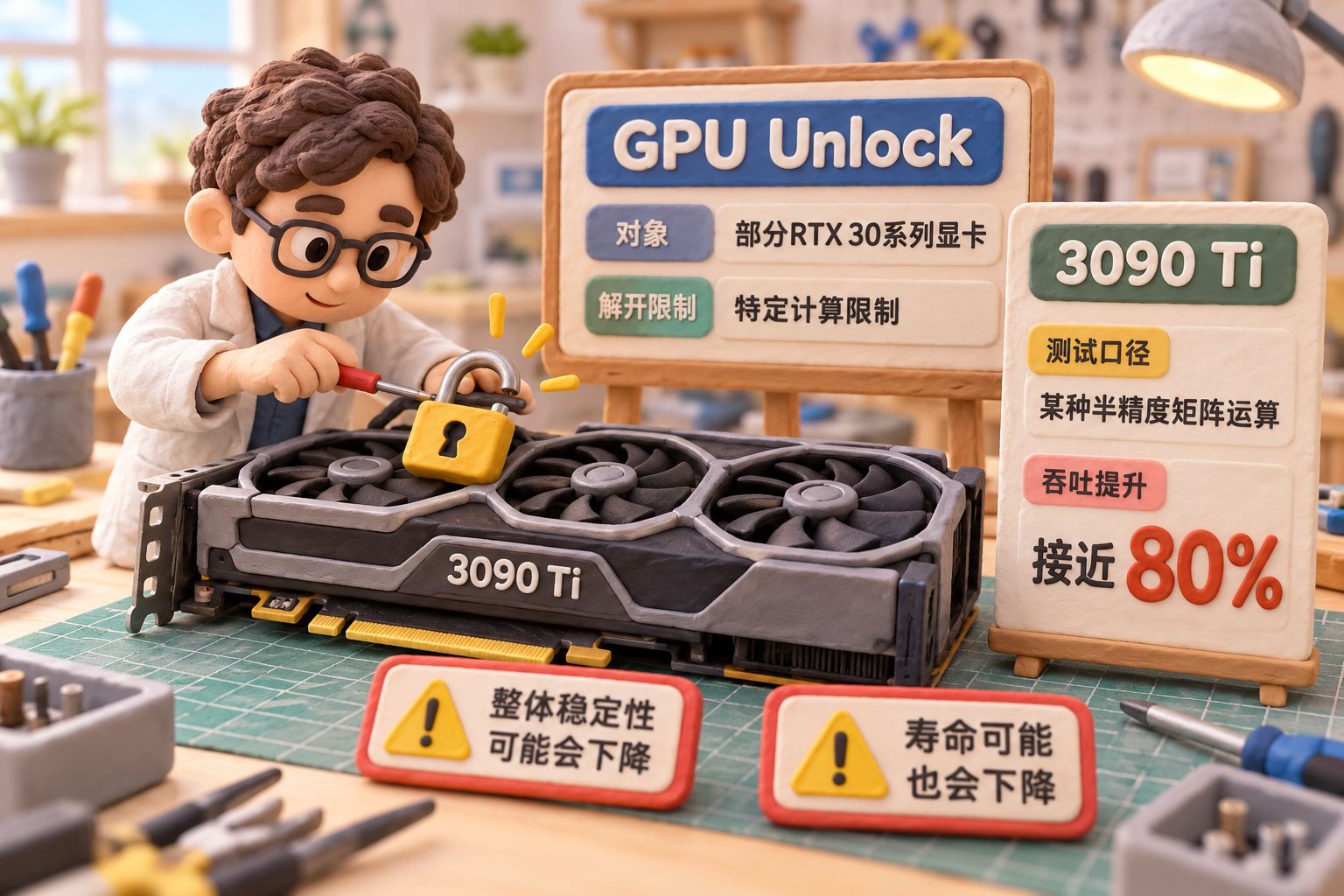 一张有清晰手工捏塑体积的显卡放在微缩工作台中央，研究者用工具打开显卡旁象征软件限制的小锁，后方竖立独立数据牌，不画成整机性能翻倍的对比图；可见事实元素：项目名称“GPU Unlock”，显卡型号“3090 Ti”，运算口径“某种半精度矩阵运算”，限定提升幅度“接近80%”