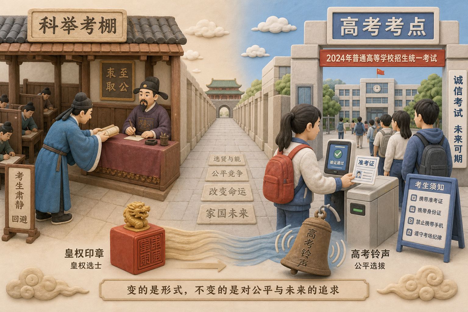 左侧是古代科举考棚里的书生递交卷轴，右侧是现代考场门口学生刷准考证入场，中间用一条制度长廊连接皇权印章和高考铃声，浅色背景的商业评论版橡皮泥平面信息图的统一风格。