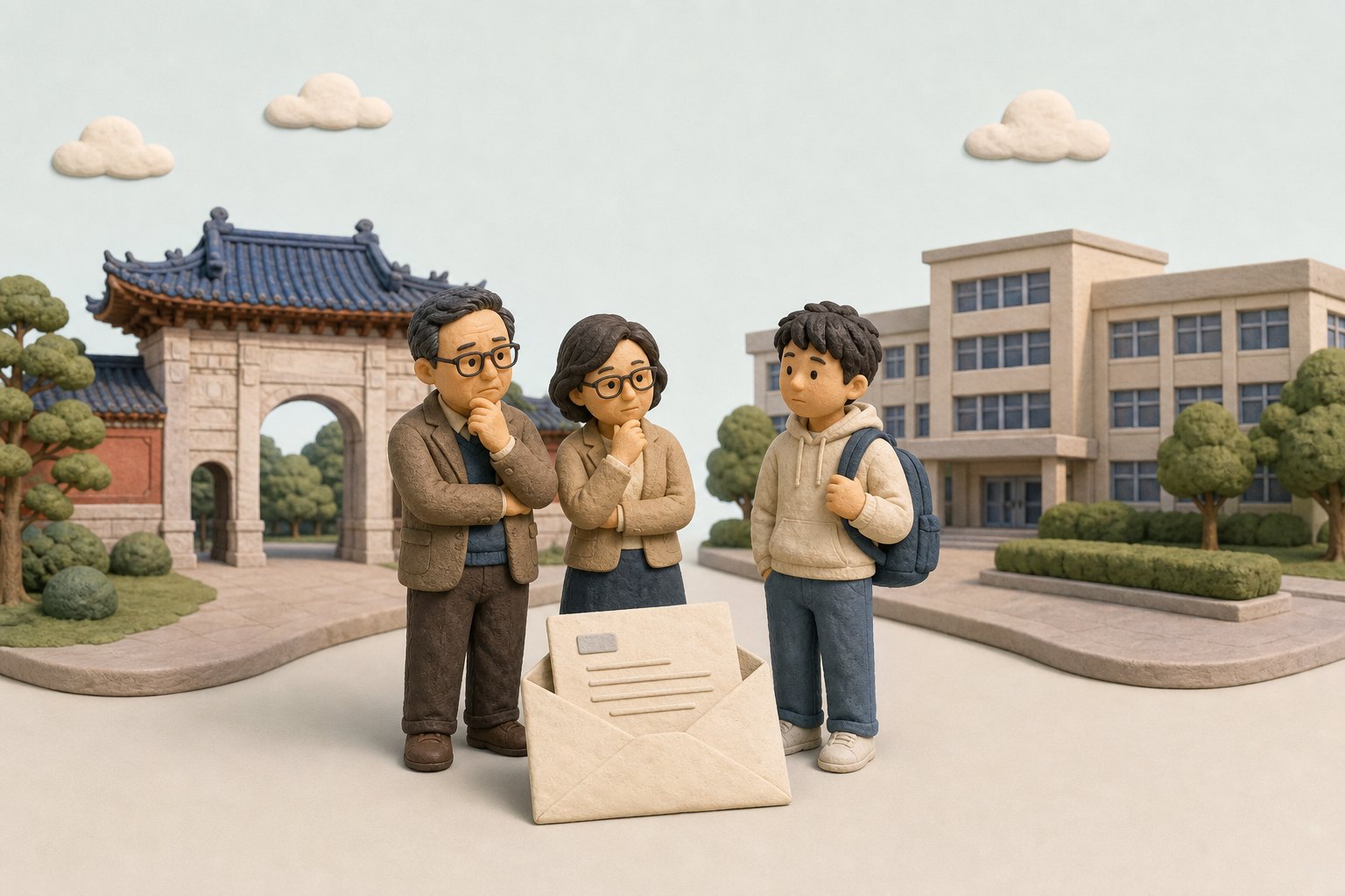 一个普通大学录取通知书放在清华校园剪影与市属院校教学楼之间，旁边站着教授父母和拿着书包的年轻人，构图表现阶层没有明显上升的个人样本，浅色背景的商业评论版橡皮泥平面信息图的统一风格。