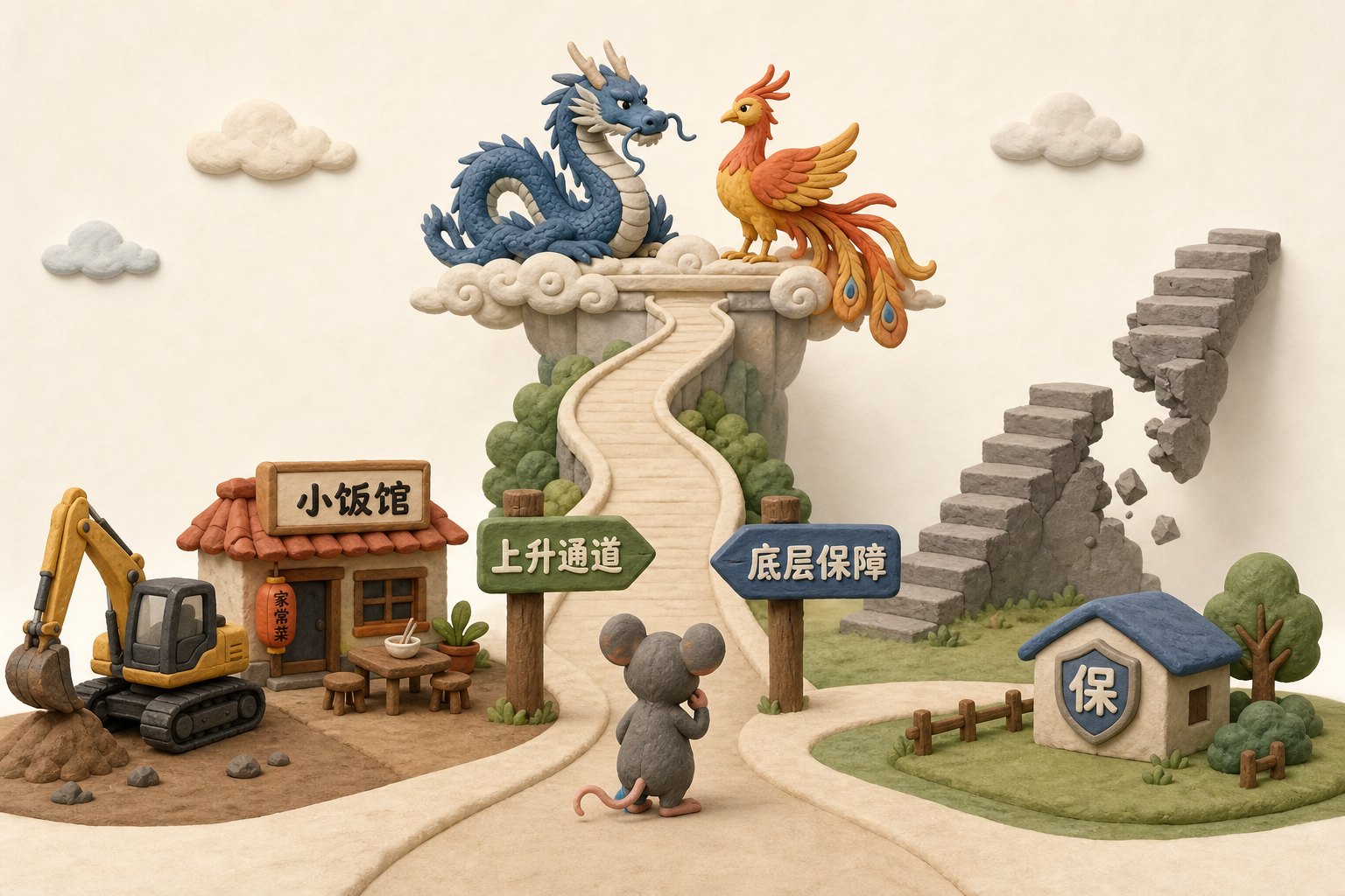 画面上方是龙与凤凰稳坐高处，下方是一只小老鼠在“上升通道”和“底层保障”两块路牌前选择，一侧是挖掘机和小饭馆，另一侧是断开的阶梯，浅色背景的商业评论版橡皮泥平面信息图的统一风格。