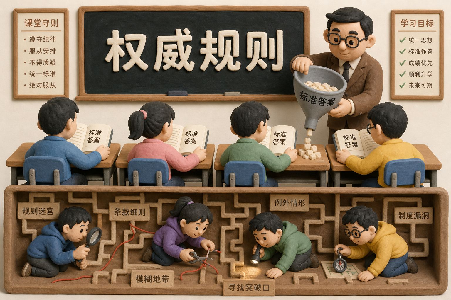 教室里一排学生坐在课桌前，黑板上有“权威规则”大字，老师用漏斗把标准答案倒进书本，同时几个学生在课桌下用小工具绕开迷宫规则寻找缝隙，浅色背景的商业评论版橡皮泥平面信息图的统一风格。