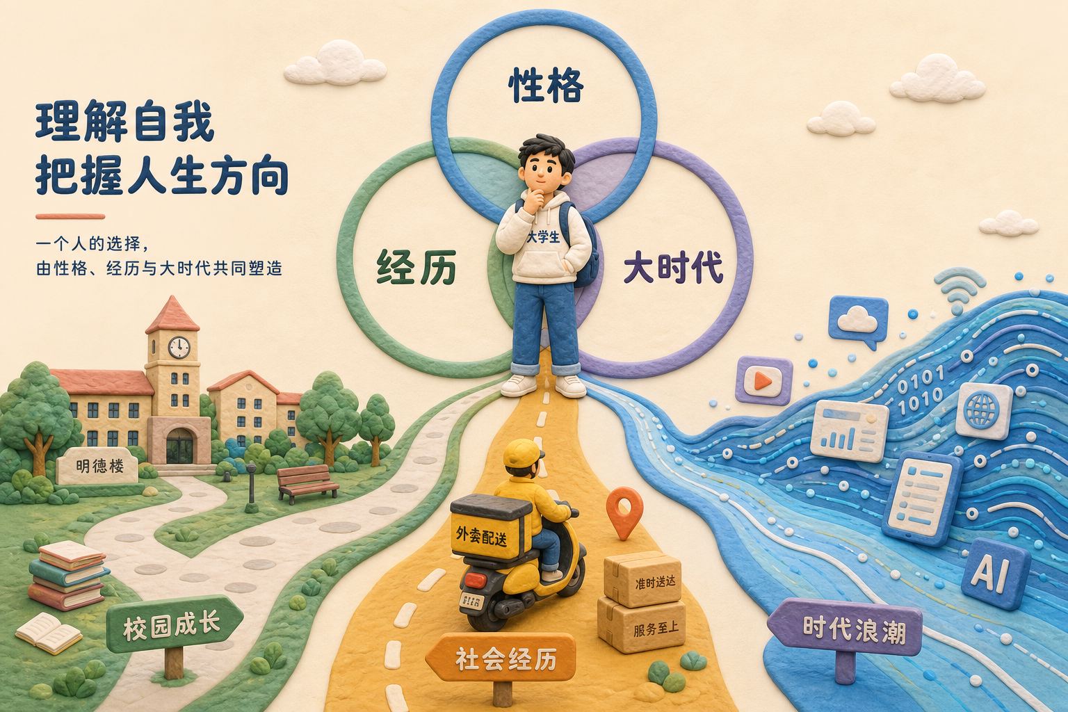 三个相互连接的圆环分别写着“性格”“经历”“大时代”，一个大学生背着书包站在交汇处，脚下有校园、外卖车和互联网浪潮三条路径延伸出去，浅色背景的商业评论版橡皮泥平面信息图的统一风格。