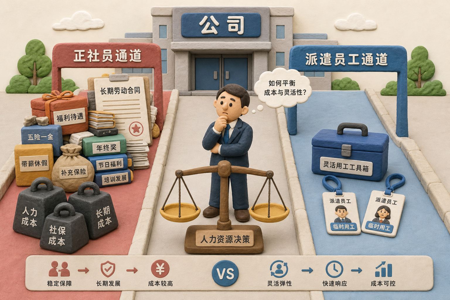 一家公司门口有两条入口通道，左边正社员通道堆满福利包、长期合同和高成本砝码，右边派遣员工通道放着轻便工具箱和临时工牌，企业管理者站在天平旁做选择，浅色背景的商业评论版橡皮泥平面信息图的统一风格。