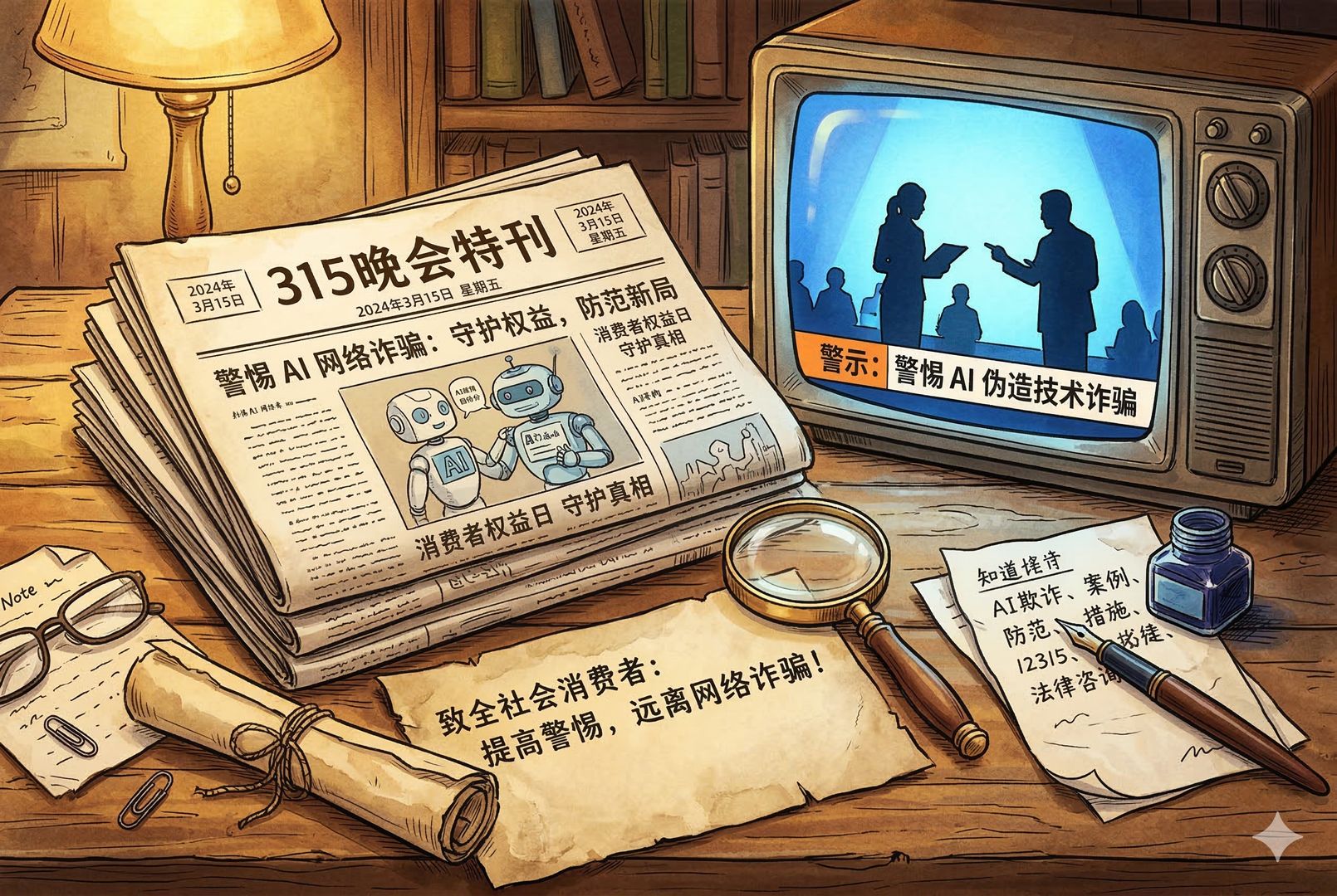 昏黄桌面上的一叠315晚会相关报纸与电视机屏幕剪影，屏幕里浮现“AI”“警示”字样的字幕条，旁边散落着放大镜、钢笔与便签纸，羊皮纸，钢笔彩色手绘的统一风格。
