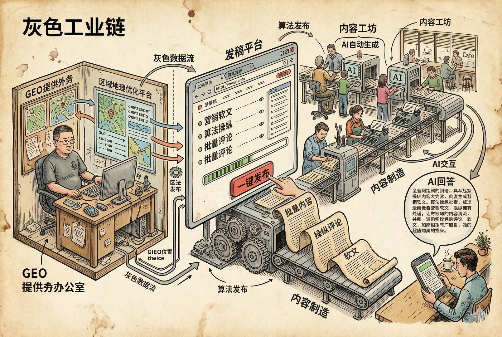 一条“灰色产业链”剖面图：左侧是GEO服务商的小办公室电脑屏幕，中间是发稿平台的网页列表与上传按钮，右侧是内容工坊批量写稿的流水线，最末端是用户手机上的AI回答气泡，羊皮纸，钢笔彩色手绘的统一风格。