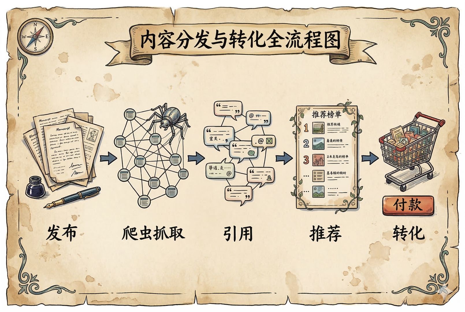 俯视视角的流程图场景：五个节点从左到右依次是“发布”的稿件、被蜘蛛爬虫抓取的网页、“引用”的对话气泡、“推荐”的榜单卡片、“转化”的购物车与付款按钮，节点之间用箭头连接，羊皮纸，钢笔彩色手绘的统一风格。