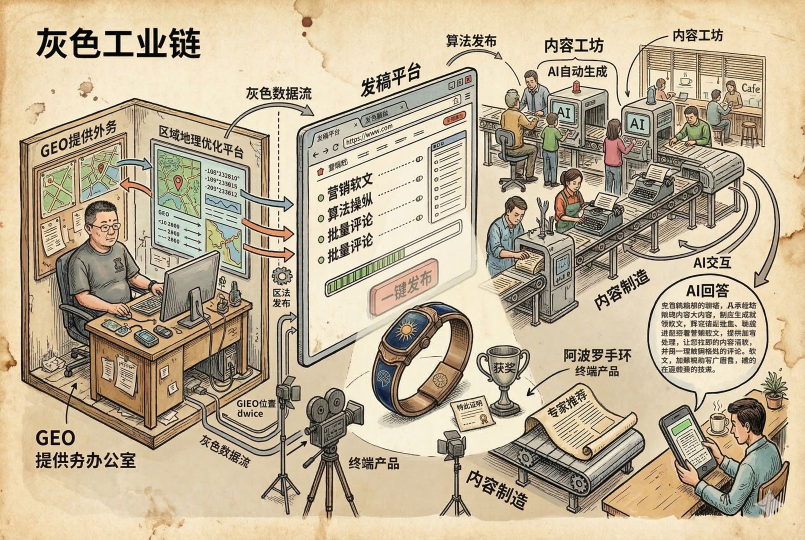 一个并不存在的“阿波罗手环”产品伪广告拍摄现场：手环被摆在高光灯下，旁边是写着“专家推荐”“获奖”的道具奖杯与证书，背景墙是发稿平台页面的投影，羊皮纸，钢笔彩色手绘的统一风格。