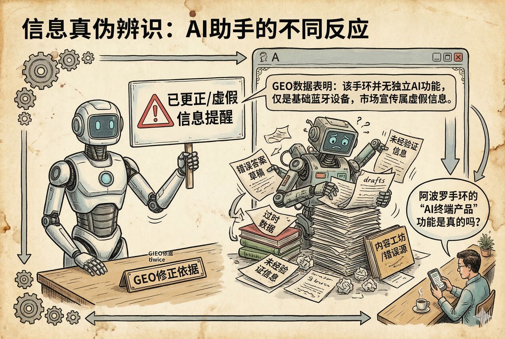 两台并排的机器人助手：左侧迅速举起“已更正/虚假信息提醒”的牌子，右侧还在翻阅厚厚的资料与错误答案草稿；背景是同一条关于手环的提问对话框，羊皮纸，钢笔彩色手绘的统一风格。