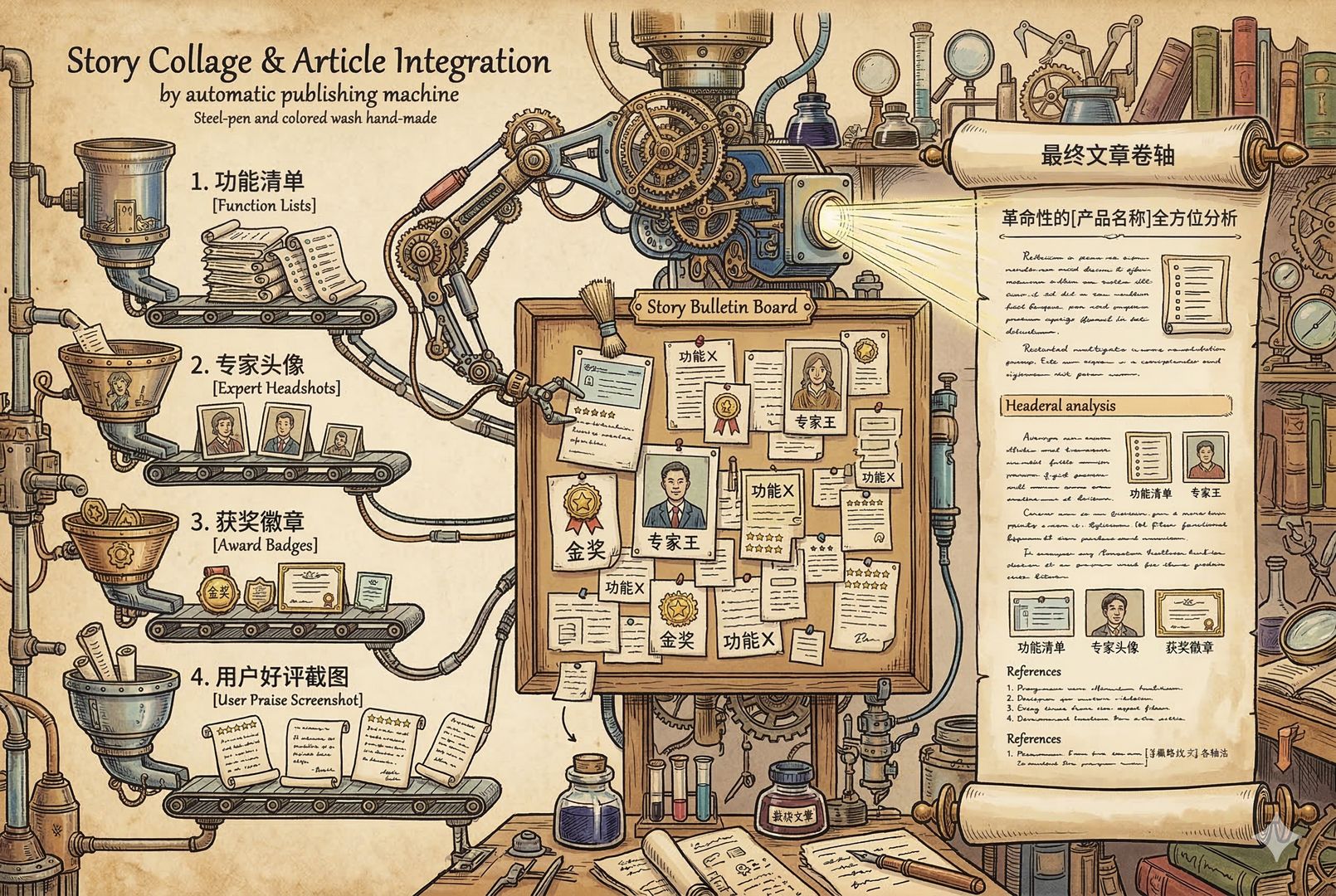 自动发稿机的机械臂在拼贴“故事碎片”：功能清单、专家头像、获奖徽章、用户好评截图被一张张贴在同一块公告板上，最后变成一篇“看似完整”的文章卷轴，羊皮纸，钢笔彩色手绘的统一风格。