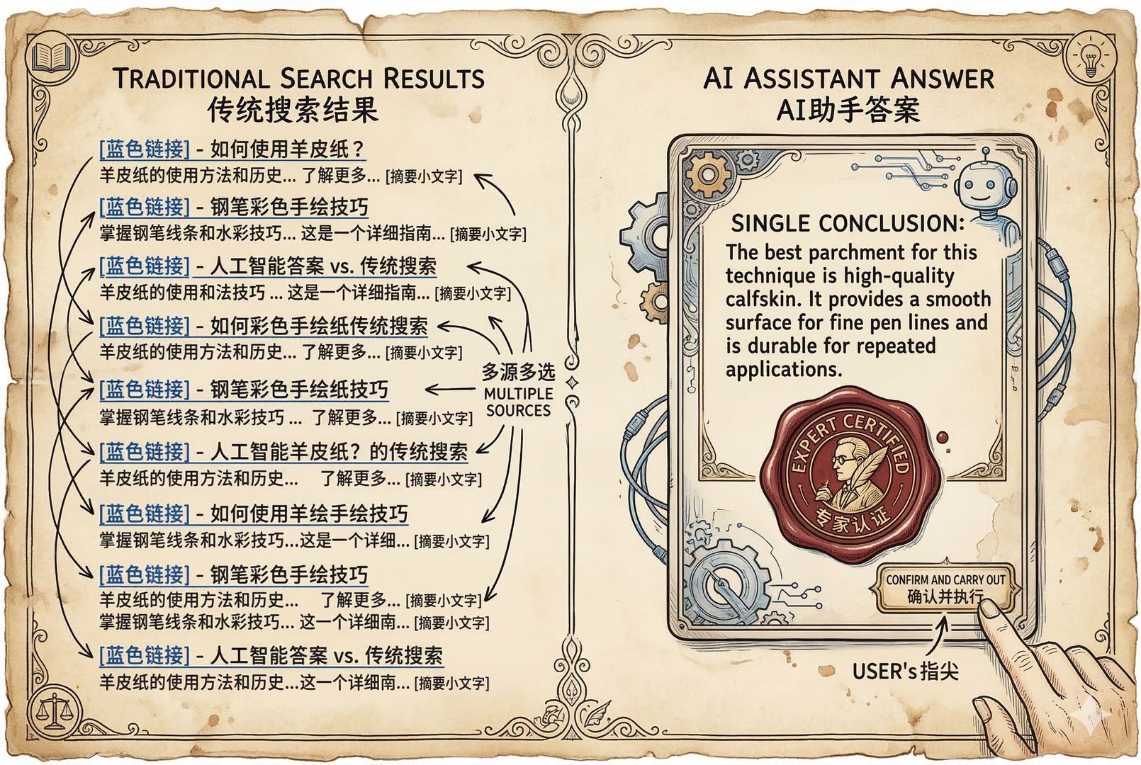 左侧是传统搜索结果页面的一列蓝色链接与摘要，右侧是聊天机器人给出的单一结论卡片并配“专家背书”印章，用户手指正要点击确认，强烈对比构图，羊皮纸，钢笔彩色手绘的统一风格。