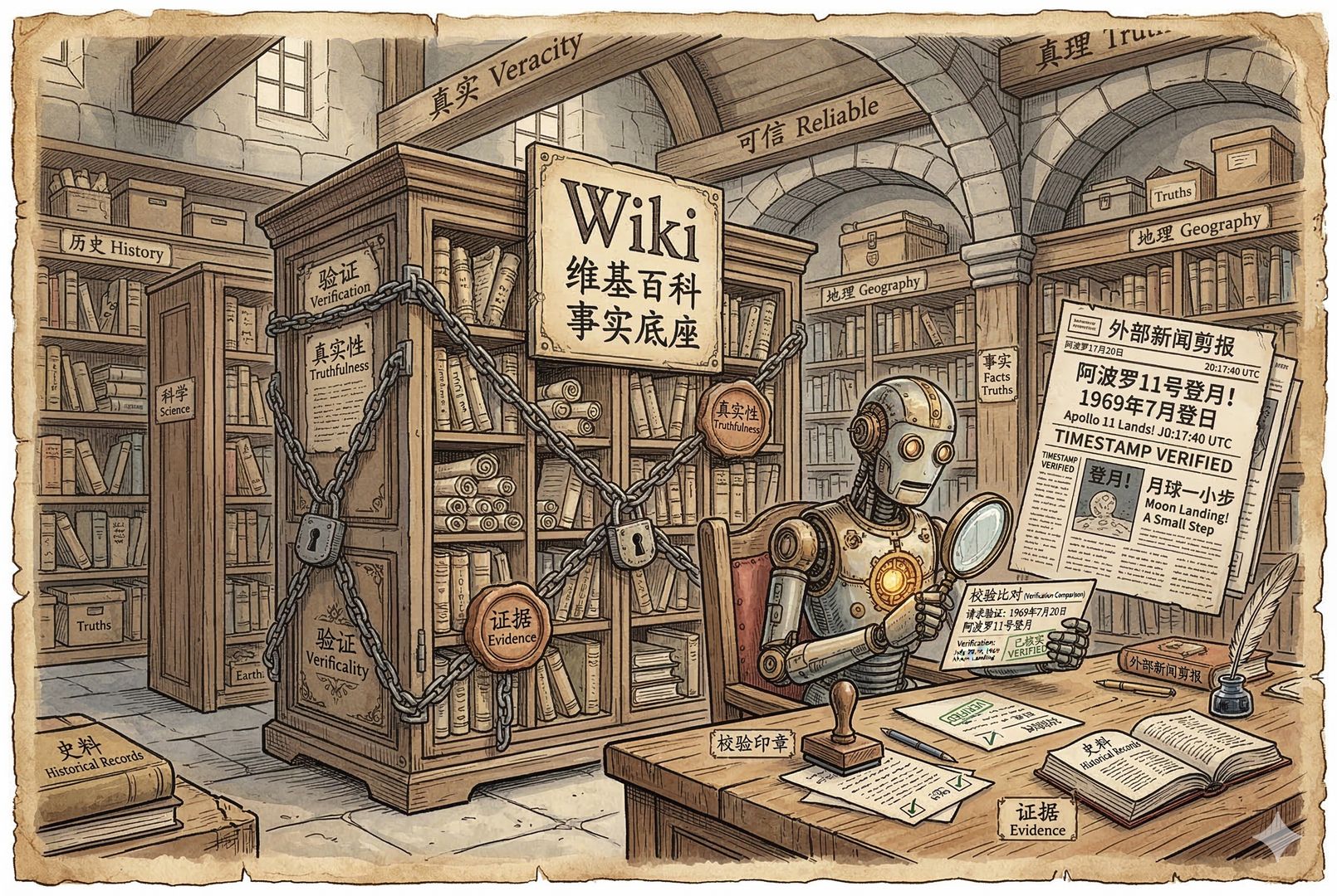 一座“事实底座”图书馆：中央是被锁链与印章保护的档案柜写着“Wiki”，旁边AI助手拿着检索卡对照外部新闻剪报与时间戳，进行校验比对，羊皮纸，钢笔彩色手绘的统一风格。