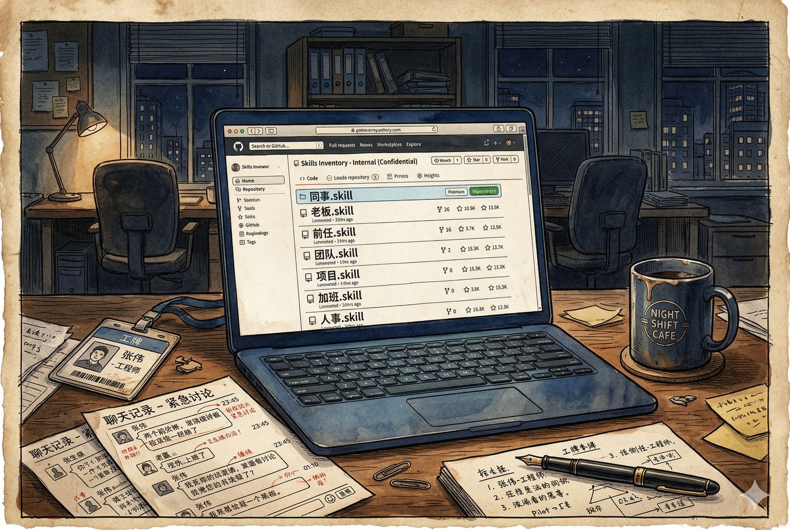 深夜办公室里一台打开着代码仓库页面的笔记本电脑,屏幕上密密麻麻出现“同事.skill”“老板.skill”“前任.skill”等仓库名,周围散落工牌、聊天记录打印纸和冷掉的咖啡,气氛像科技新闻爆炸前夜,羊皮纸,钢笔彩色手绘的统一风格。