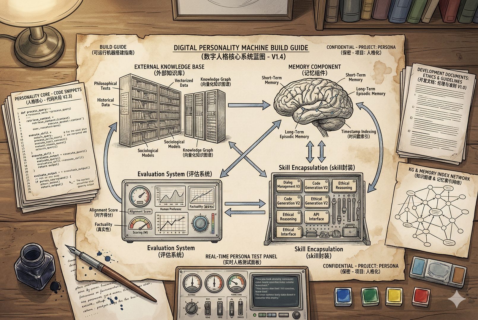 一张复杂系统蓝图铺满桌面,四个模块“外部知识库”“记忆组件”“skill封装”“评估系统”由箭头相连,旁边有代码、文档、关系图谱和测试面板,像在搭建真正可工作的数字人格机器,羊皮纸,钢笔彩色手绘的统一风格。
