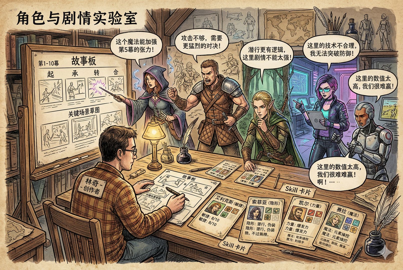 一位创作者坐在故事板前,桌面上摆着多个虚构角色的 skill 卡片,角色们仿佛从小说、电影和游戏场景中走出来围在旁边,各自按照设定对剧情提出反应,画面充满创作实验感,羊皮纸,钢笔彩色手绘的统一风格。