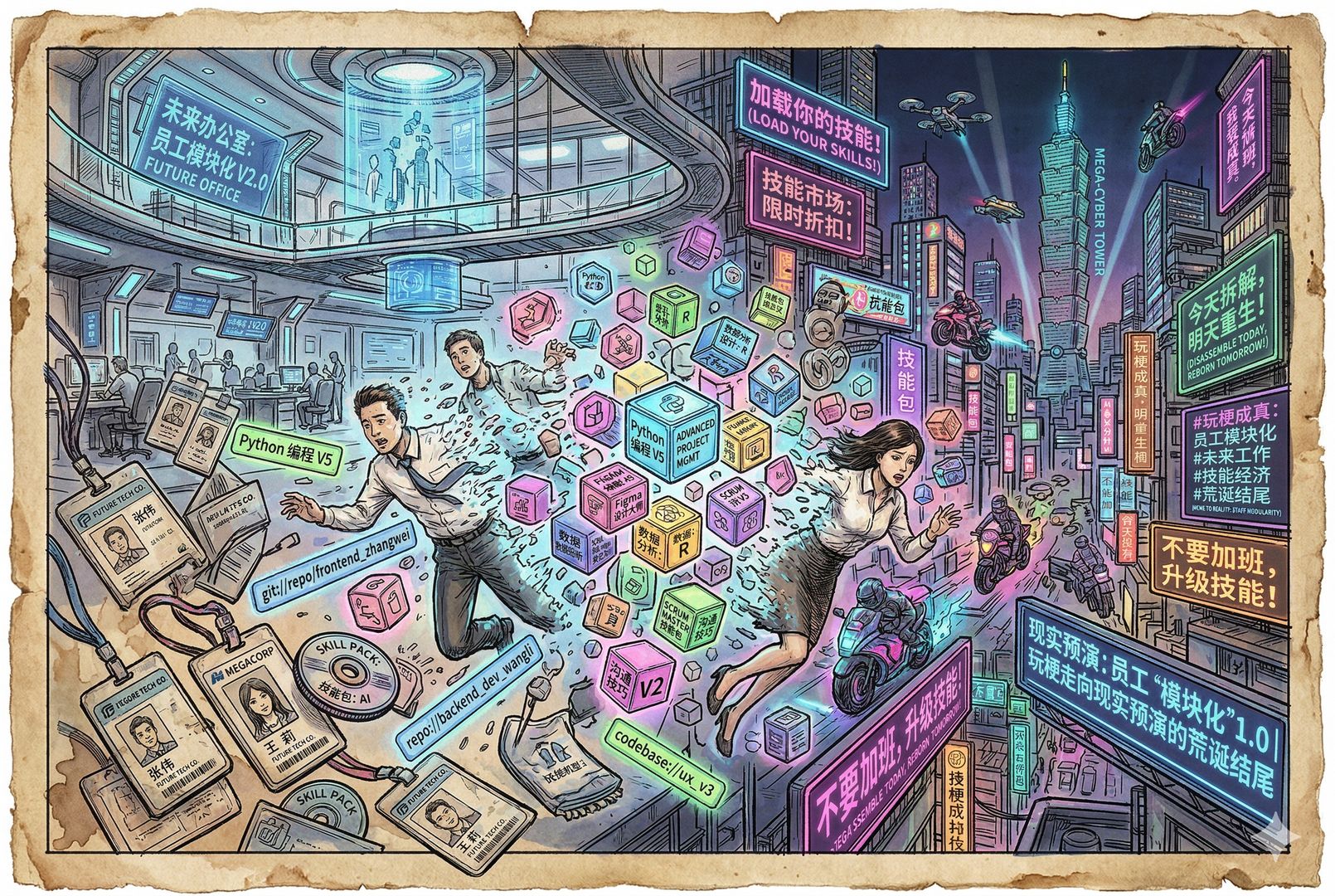 未来感办公室与赛博街景交叠的终景中,真人员工被拆解成一个个可装载的技能模块悬浮在空中,旧工牌、技能包、代码仓库和霓虹广告混在一起,呈现玩梗走向现实预演的荒诞结尾,羊皮纸,钢笔彩色手绘的统一风格。