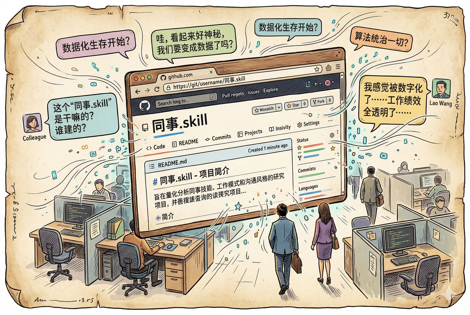GitHub 新仓库页面被刚刚发布的“同事.skill”占据画面中央,浏览器窗口外侧浮现办公室同事的聊天气泡、工位和离开的背影,像数字化蒸馏刚刚启动的一刻,羊皮纸,钢笔彩色手绘的统一风格。