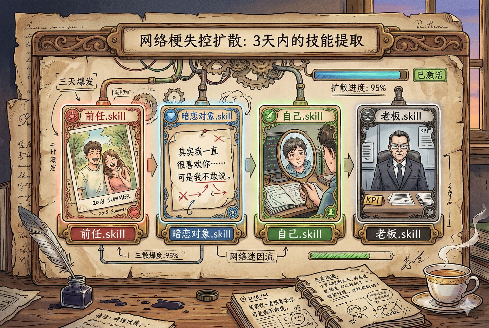 一个操作面板上依次生成“前任.skill”“暗恋对象.skill”“自己.skill”“老板.skill”多个卡片,卡片后面分别映出旧合照、未发送的表白消息、镜中的自己和冷脸老板,像网络梗在三天内失控扩散,羊皮纸,钢笔彩色手绘的统一风格。