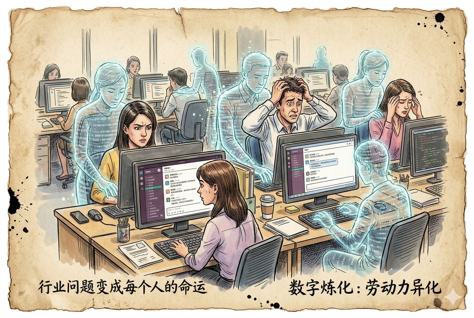 开放式办公区里每个工位上的真人身后都站着一个半透明的数字分身,分身正替主人打字回复消息,员工们神情紧张,仿佛“被炼化”从行业问题变成了每个人的命运,羊皮纸,钢笔彩色手绘的统一风格。