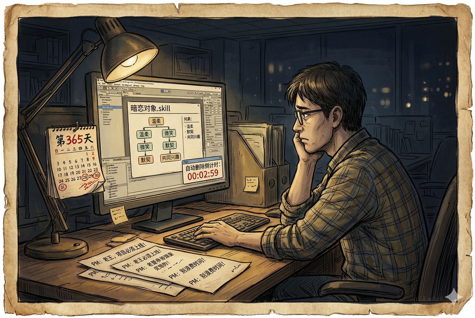 昏黄台灯下的程序员独自坐在工位前,对着名为“暗恋对象.skill”的界面发呆,旁边是产品经理留下的聊天记录和日历上被圈出的第365天,屏幕角落弹出自动删除倒计时,悲伤安静,羊皮纸,钢笔彩色手绘的统一风格。