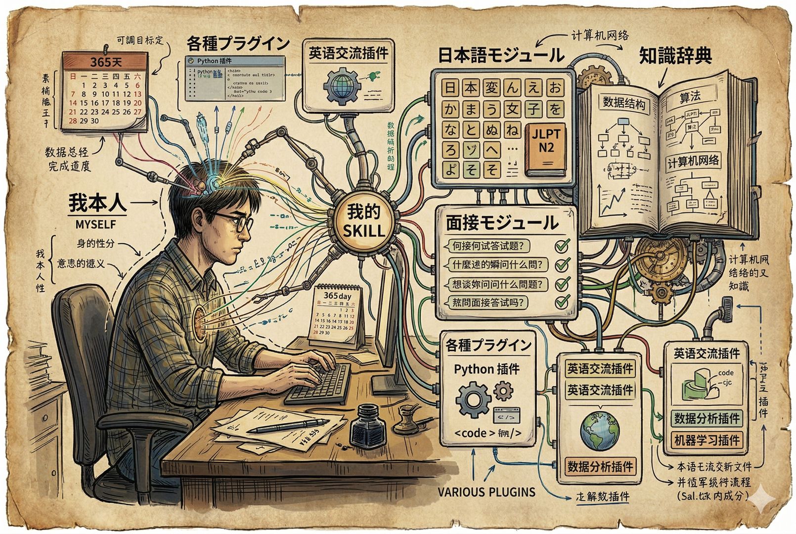 一个人坐在桌前,面前像拆解图一样分出“我本人”和“我的 skill”两部分,后者接上日语模块、面试模块、知识词典和各种插件,像能力被从身体里抽离后重新装配,羊皮纸,钢笔彩色手绘的统一风格。