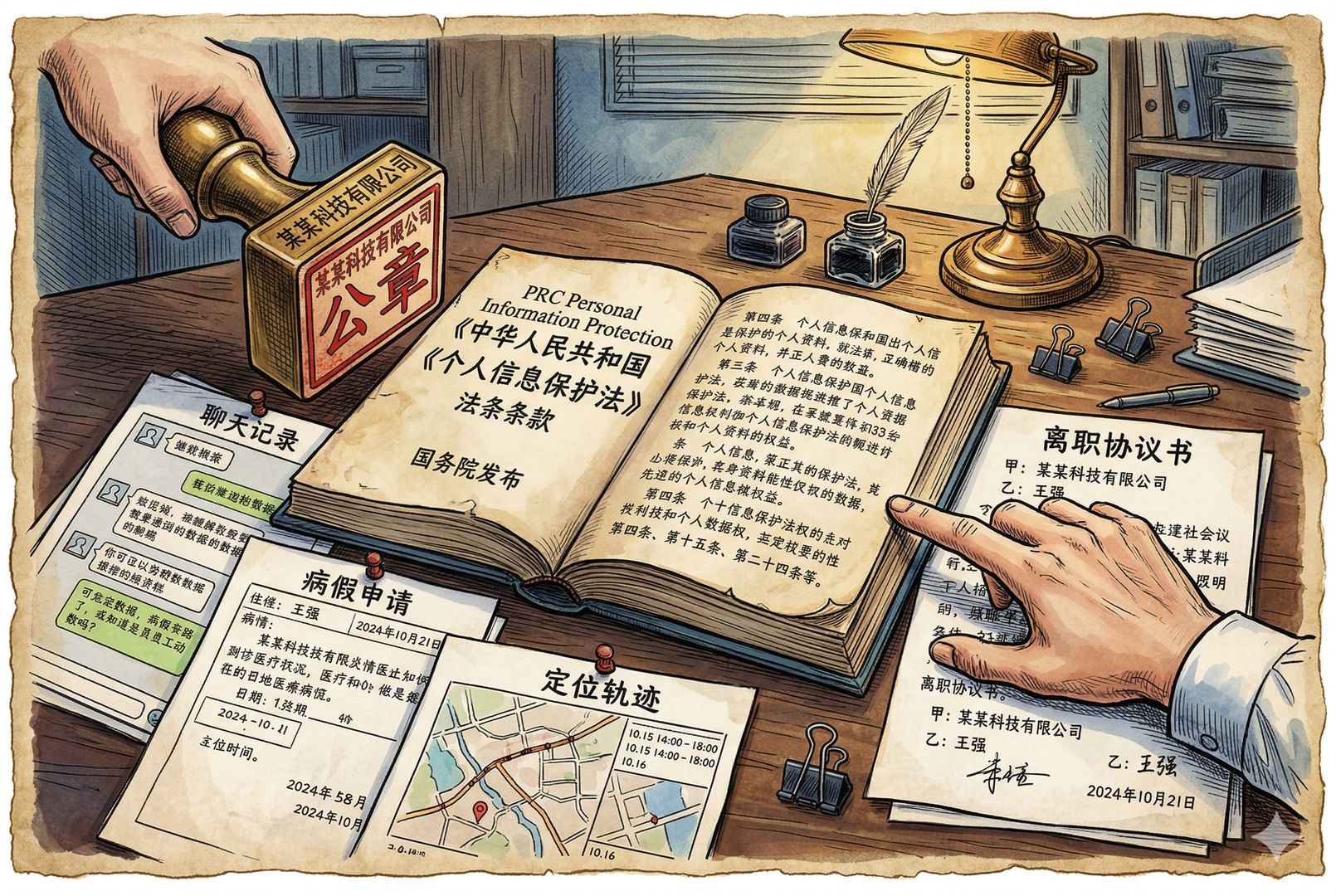一张摆在办公桌上的法律卷宗《个人信息保护法》摊开,旁边压着聊天记录、病假申请、定位轨迹和离职协议,文件另一头伸来公司印章与员工的手,呈现技术冲动与法律边界的对峙,羊皮纸,钢笔彩色手绘的统一风格。