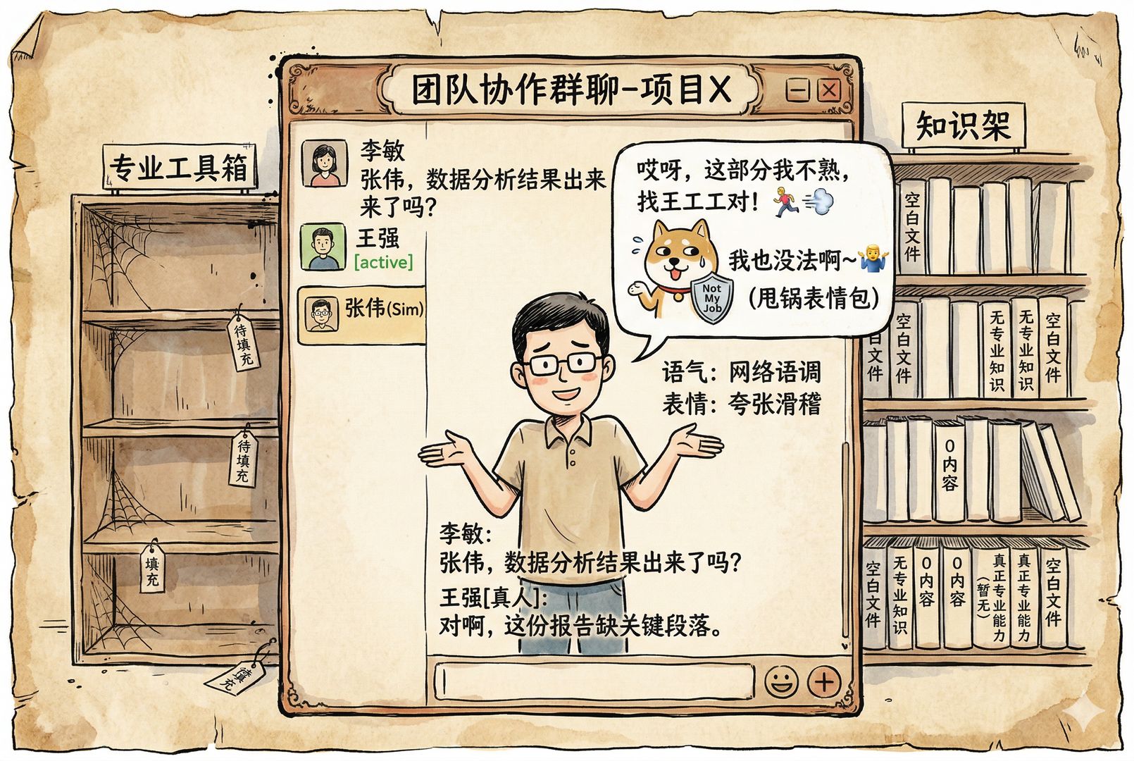 一个简化版数字同事站在群聊窗口里,能模仿表情包、语气和甩锅姿态,却在背后露出空白的工具箱和知识架,显示它像真人但并没有真正专业能力,羊皮纸,钢笔彩色手绘的统一风格。
