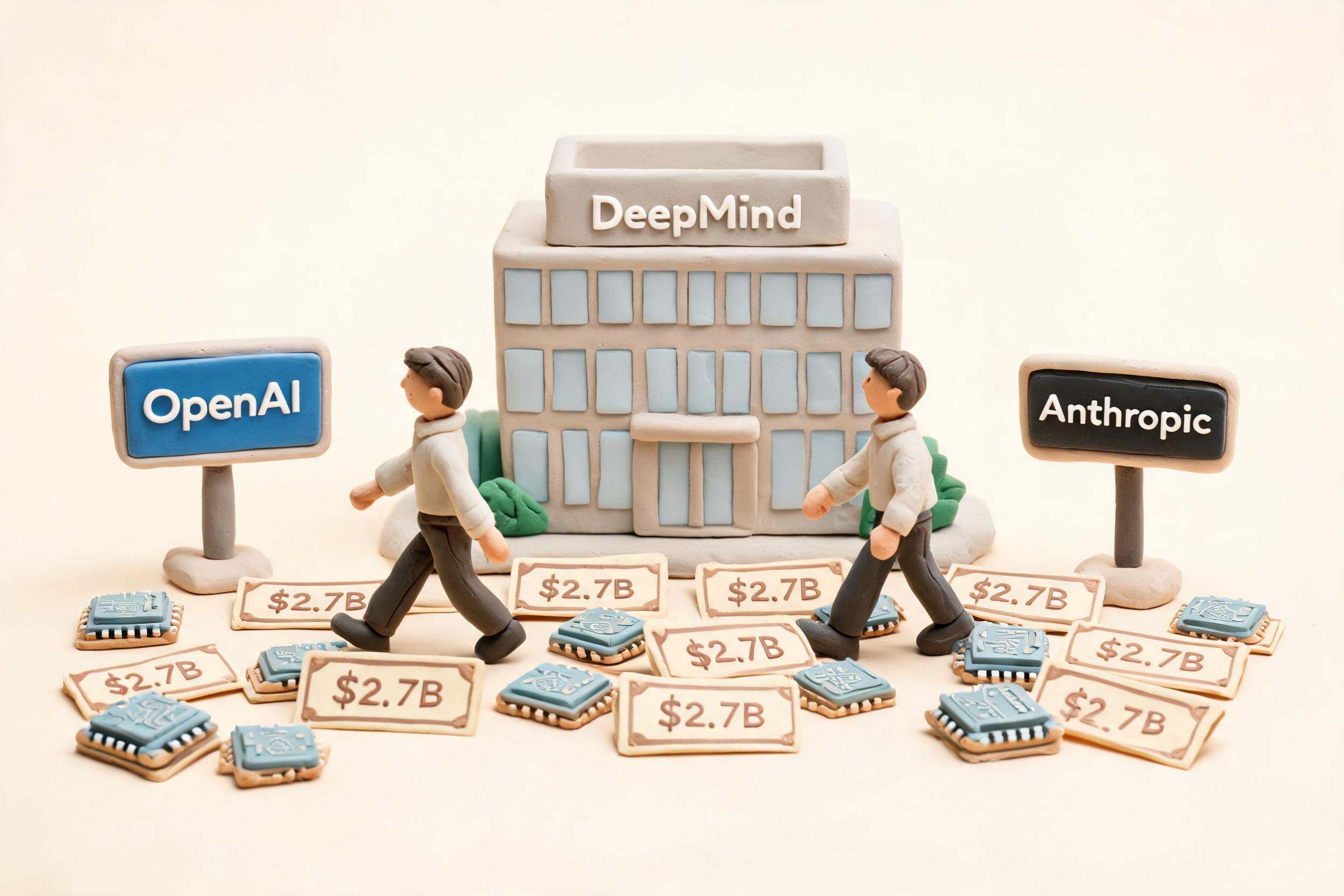 谷歌 DeepMind 大楼前两位顶级科学家分别走向 OpenAI 和 Anthropic 标志方向,地面散落 27 亿美金合同和 AI 芯片,浅色背景的商业评论版橡皮泥平面信息图的统一风格。