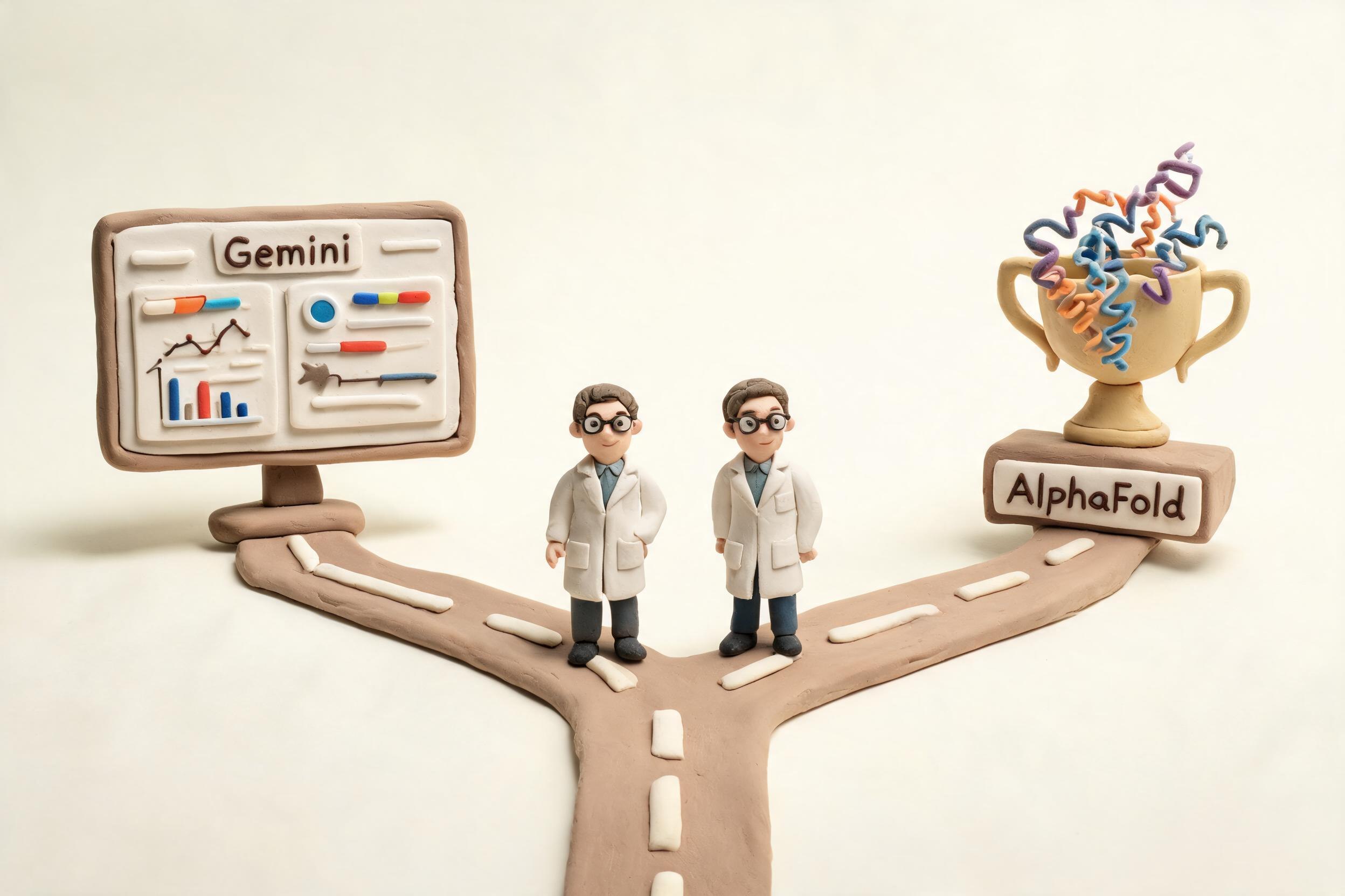 两位科学家站在分岔路口,一边是写着 Gemini 的产品前线仪表盘,一边是 AlphaFold 蛋白质结构模型奖杯,浅色背景的商业评论版橡皮泥平面信息图的统一风格。