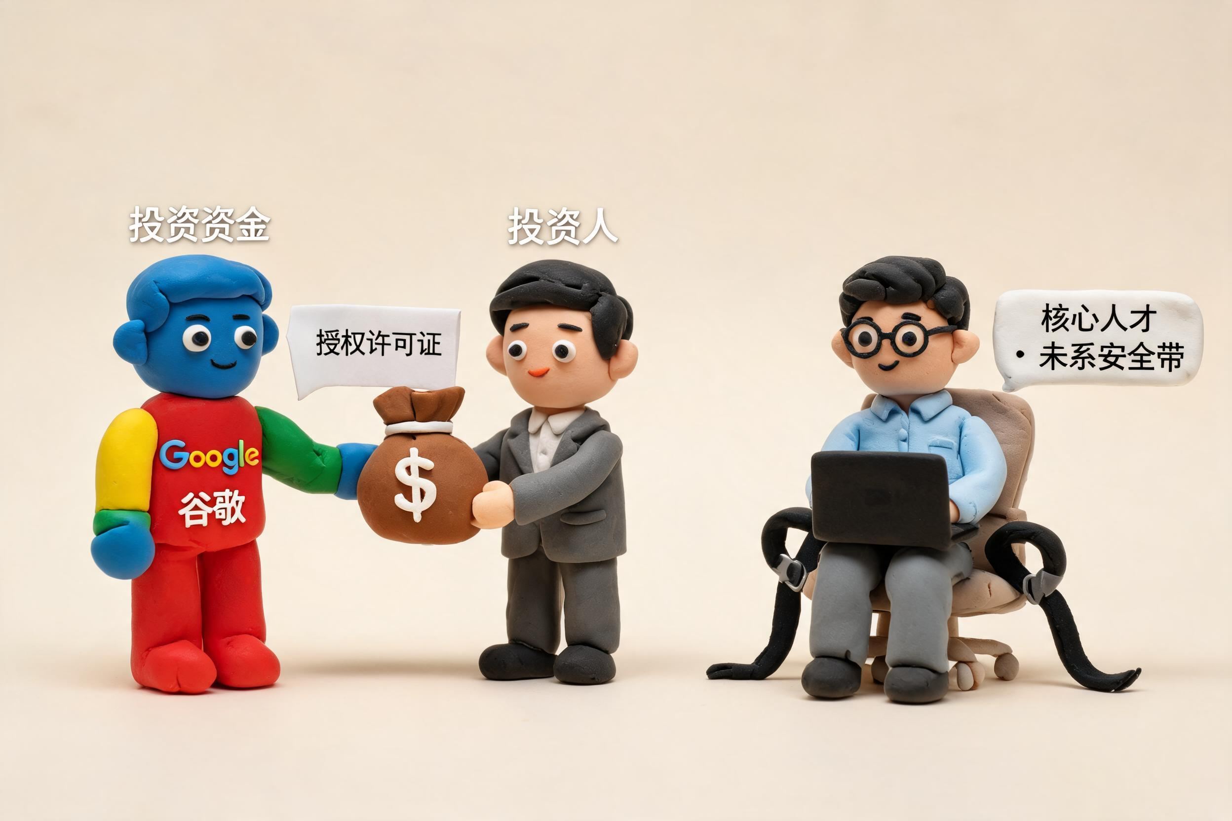 谷歌小人把一袋钱递给投资人,同时只拿走一张授权许可证,旁边真正的核心人才没有被安全带固定,浅色背景的商业评论版橡皮泥平面信息图的统一风格。